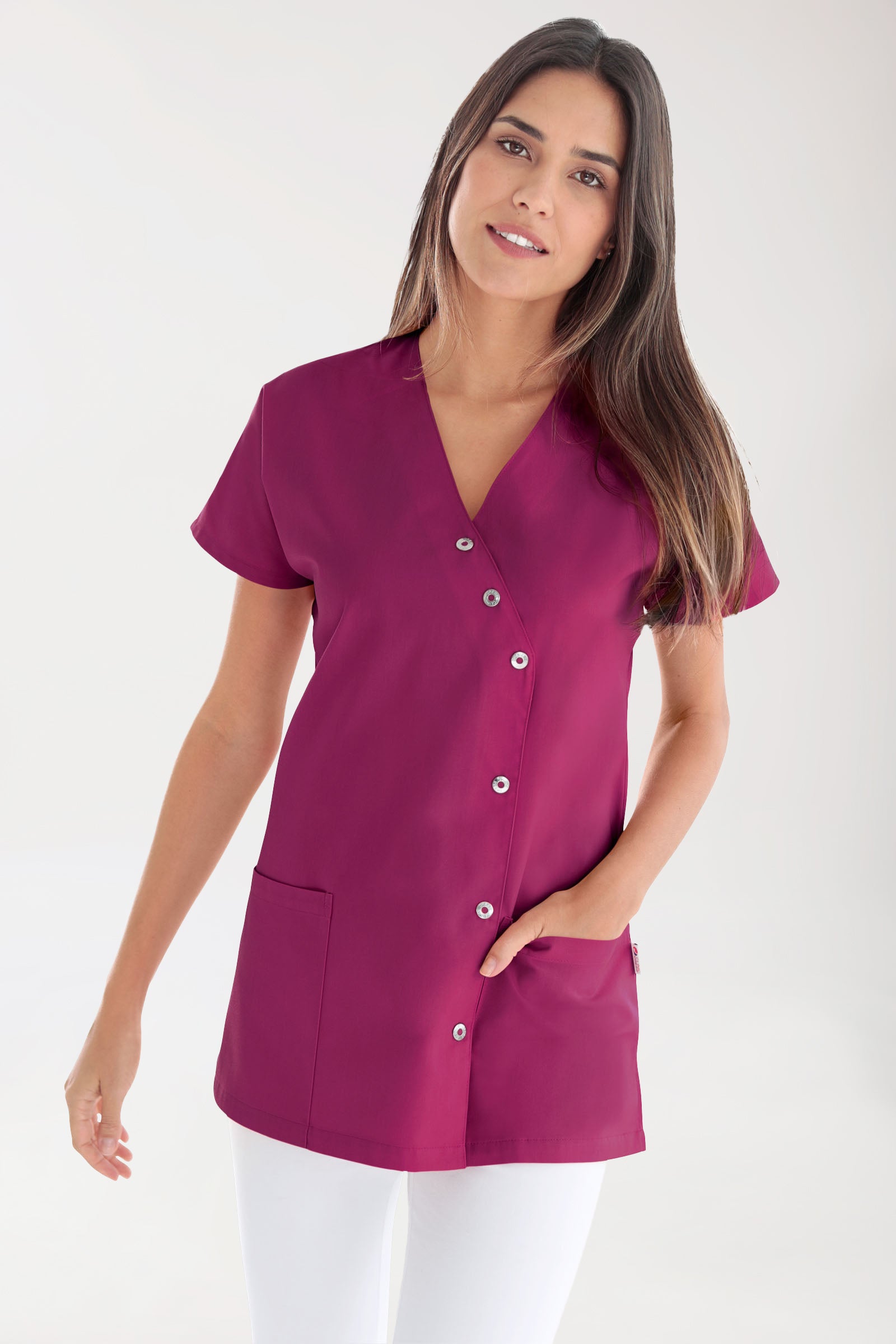 Beauty Kasack Damen - asymmetrische Druckknopfleiste berry