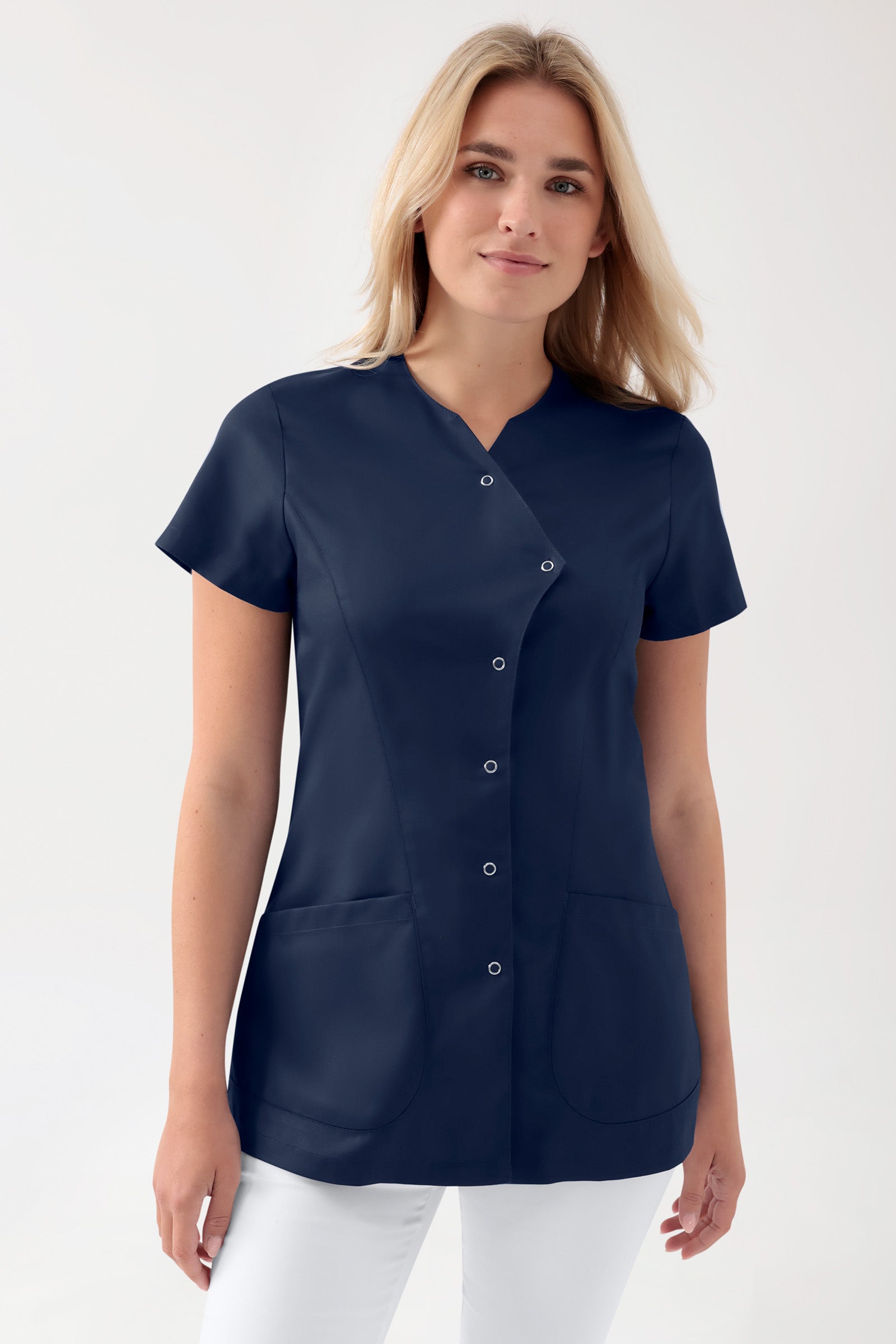 GREEN Stretch Kasack Damen - asymmetrische Druckknopfleiste navy
