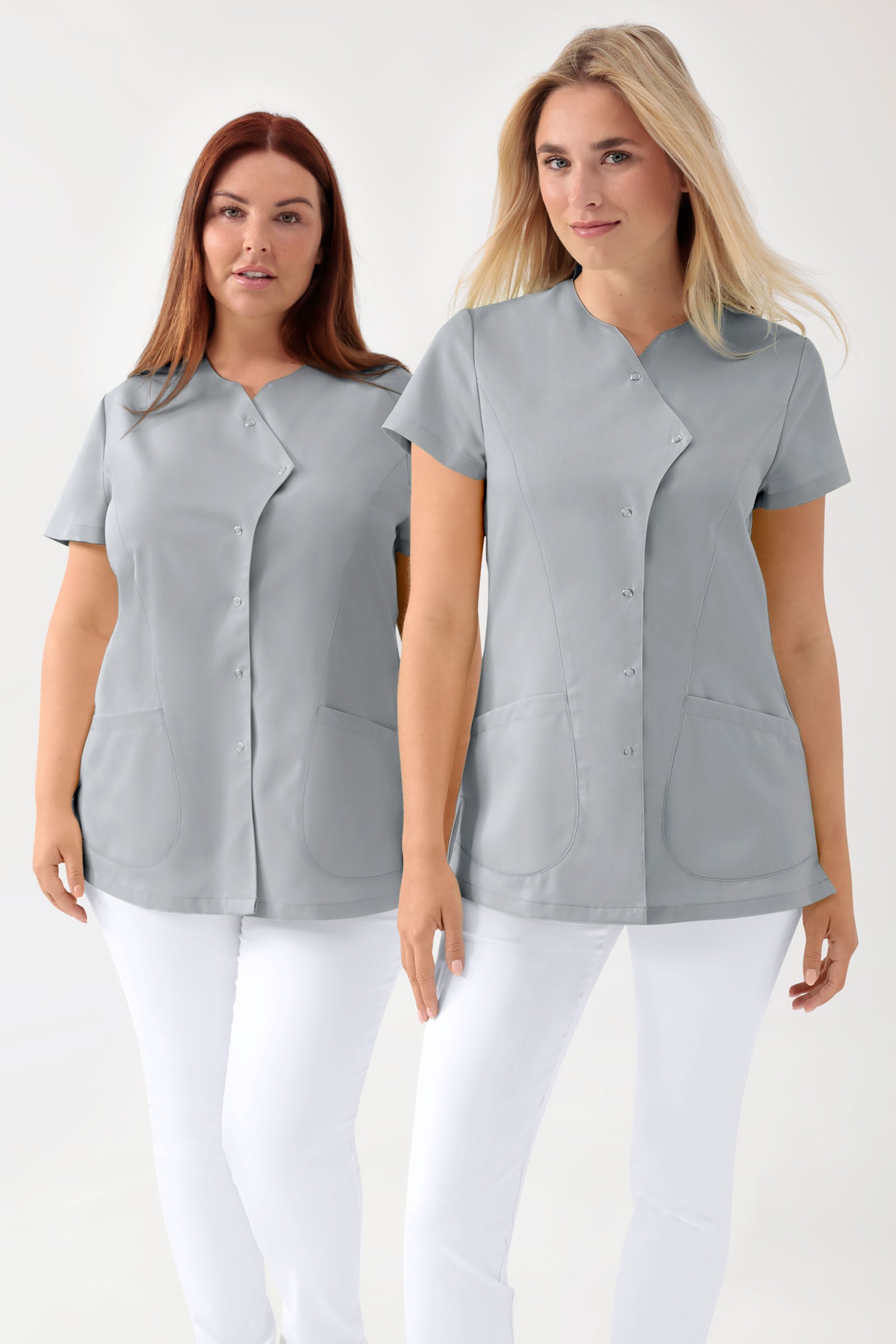 GREEN Stretch Kasack Damen - asymmetrische Druckknopfleiste perlgrau, Vorderansicht
