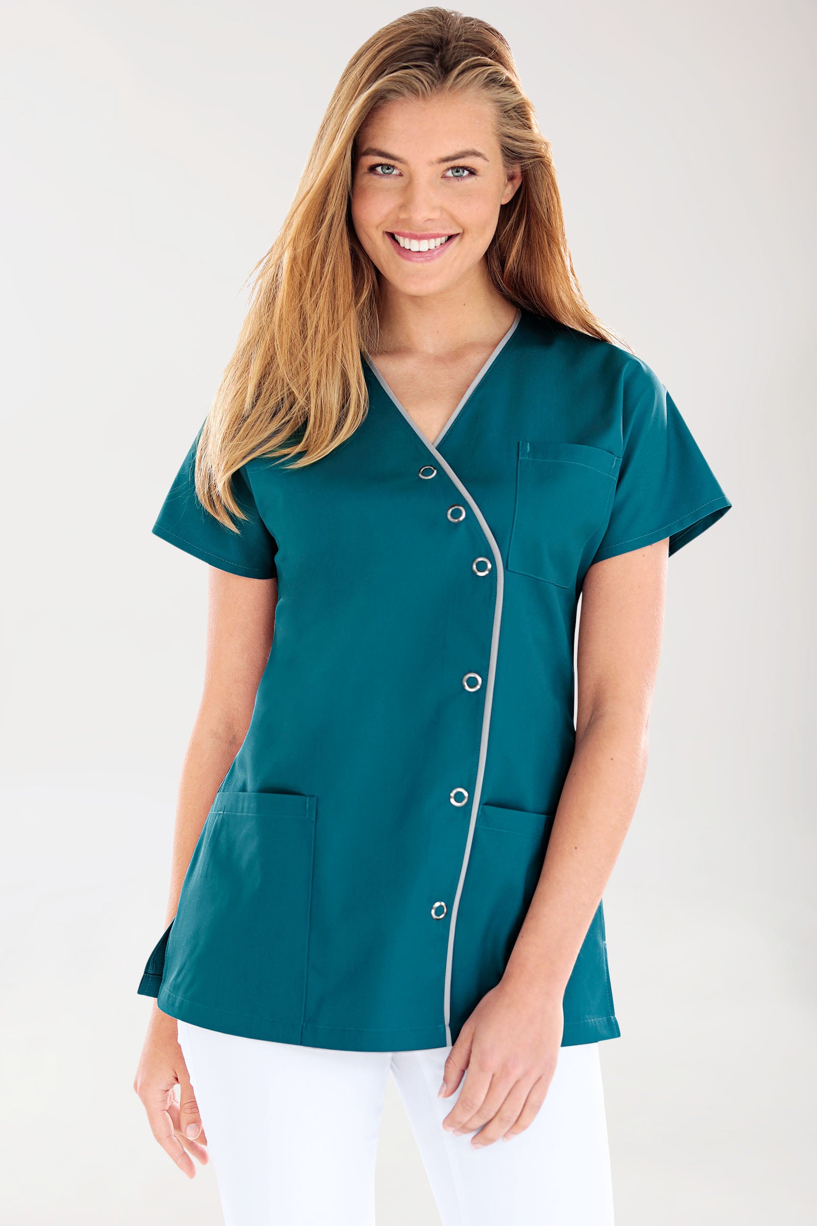 Beauty Kasack Damen - asymmetrische Druckknopfleiste petrol/grau