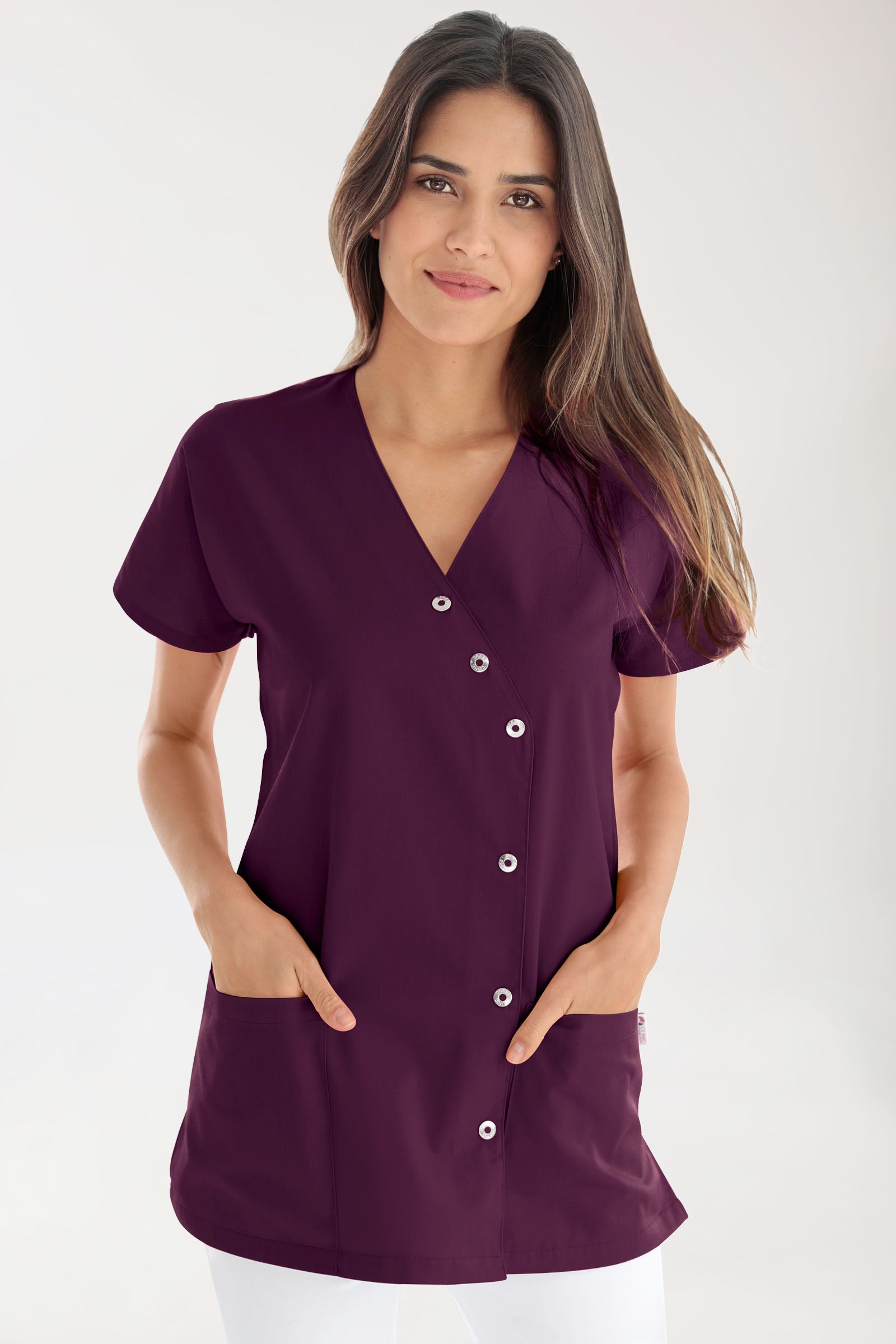 Beauty Kasack Damen - asymmetrische Druckknopfleiste pflaume