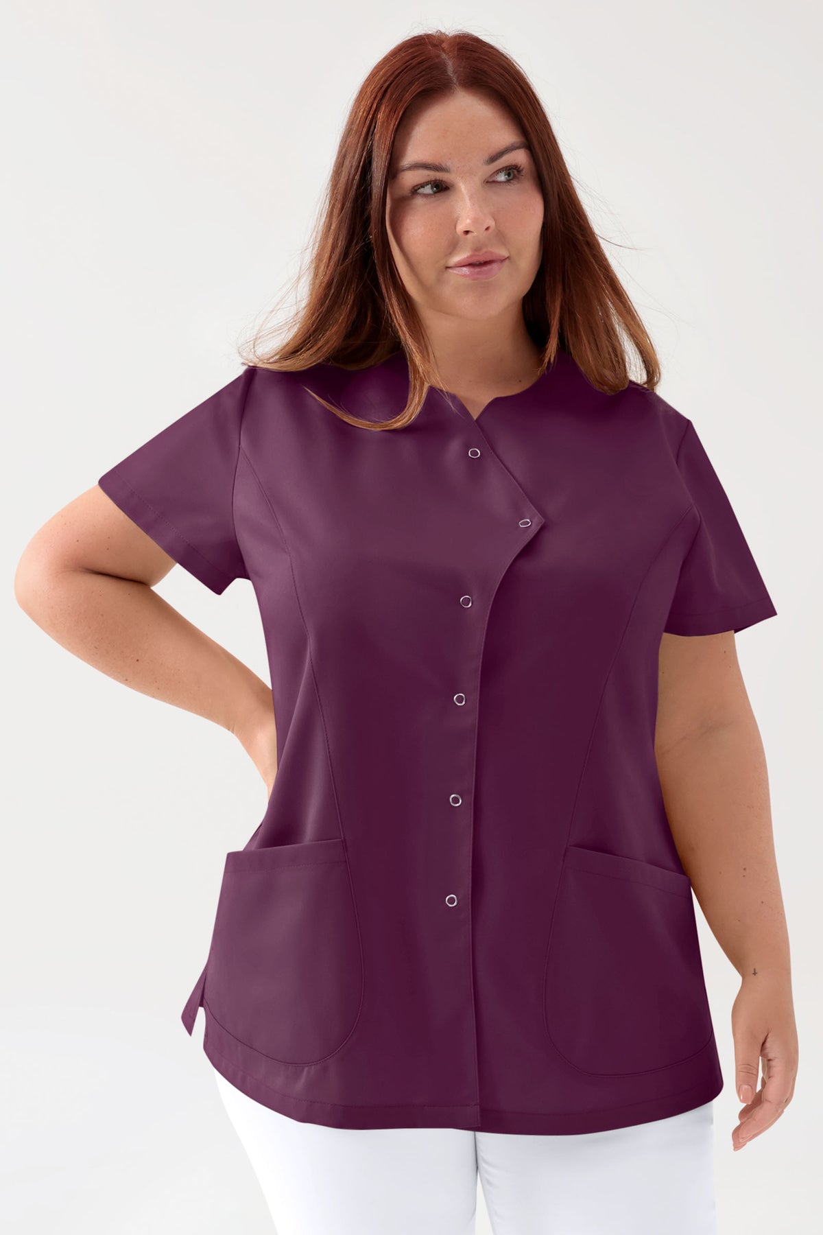 GREEN Stretch Kasack Damen - asymmetrische Druckknopfleiste pflaume, Vorderansicht