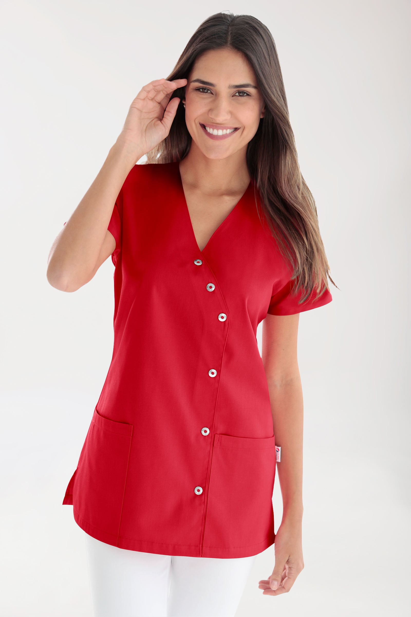 Beauty Kasack Damen - asymmetrische Druckknopfleiste rot