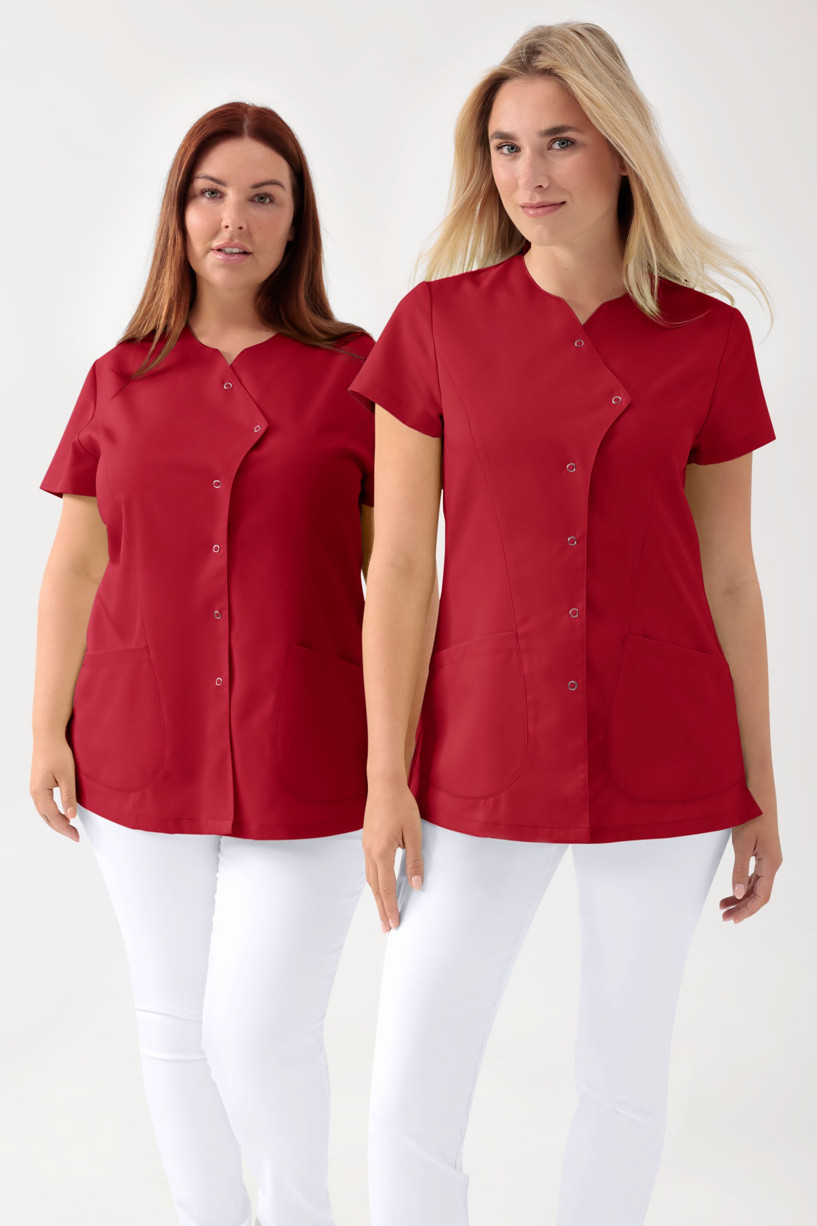 GREEN Stretch Kasack Damen - asymmetrische Druckknopfleiste rot