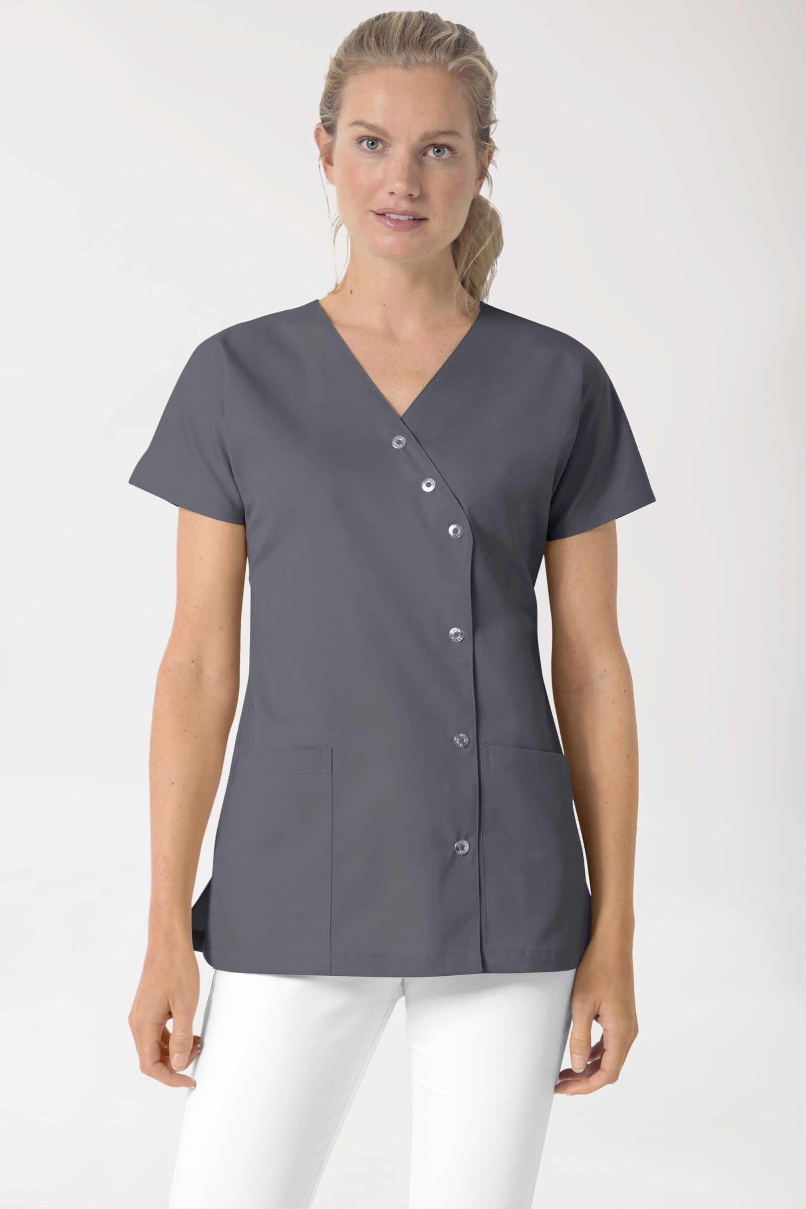 Beauty Kasack Damen - asymmetrische Druckknopfleiste steingrau