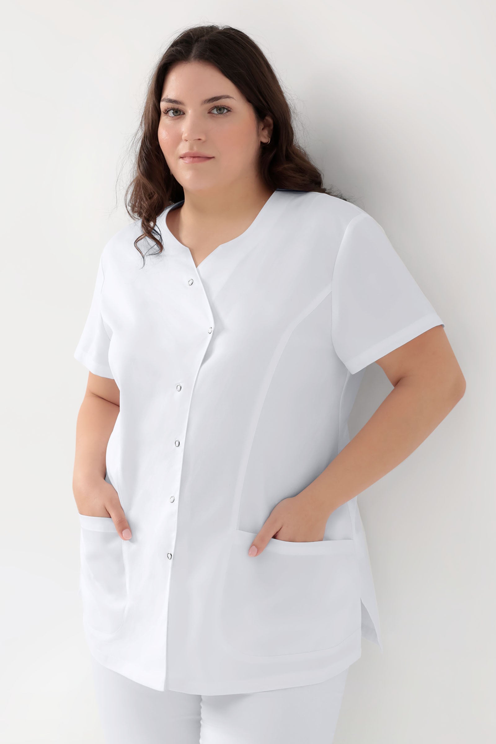 GREEN Stretch Kasack Damen - asymmetrische Druckknopfleiste weiß