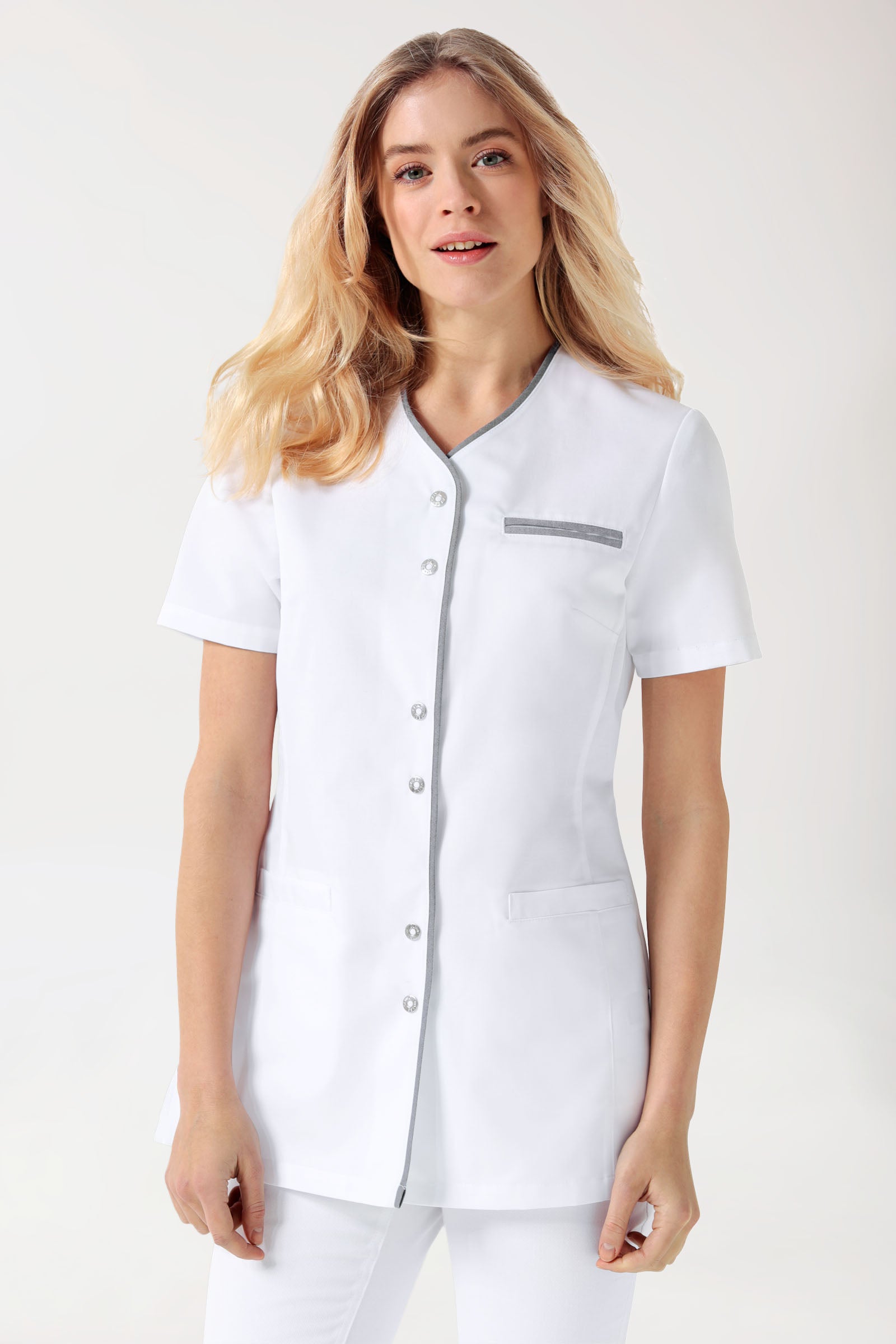 Beauty Kasack Damen - durchgeknöpft weiß/grau