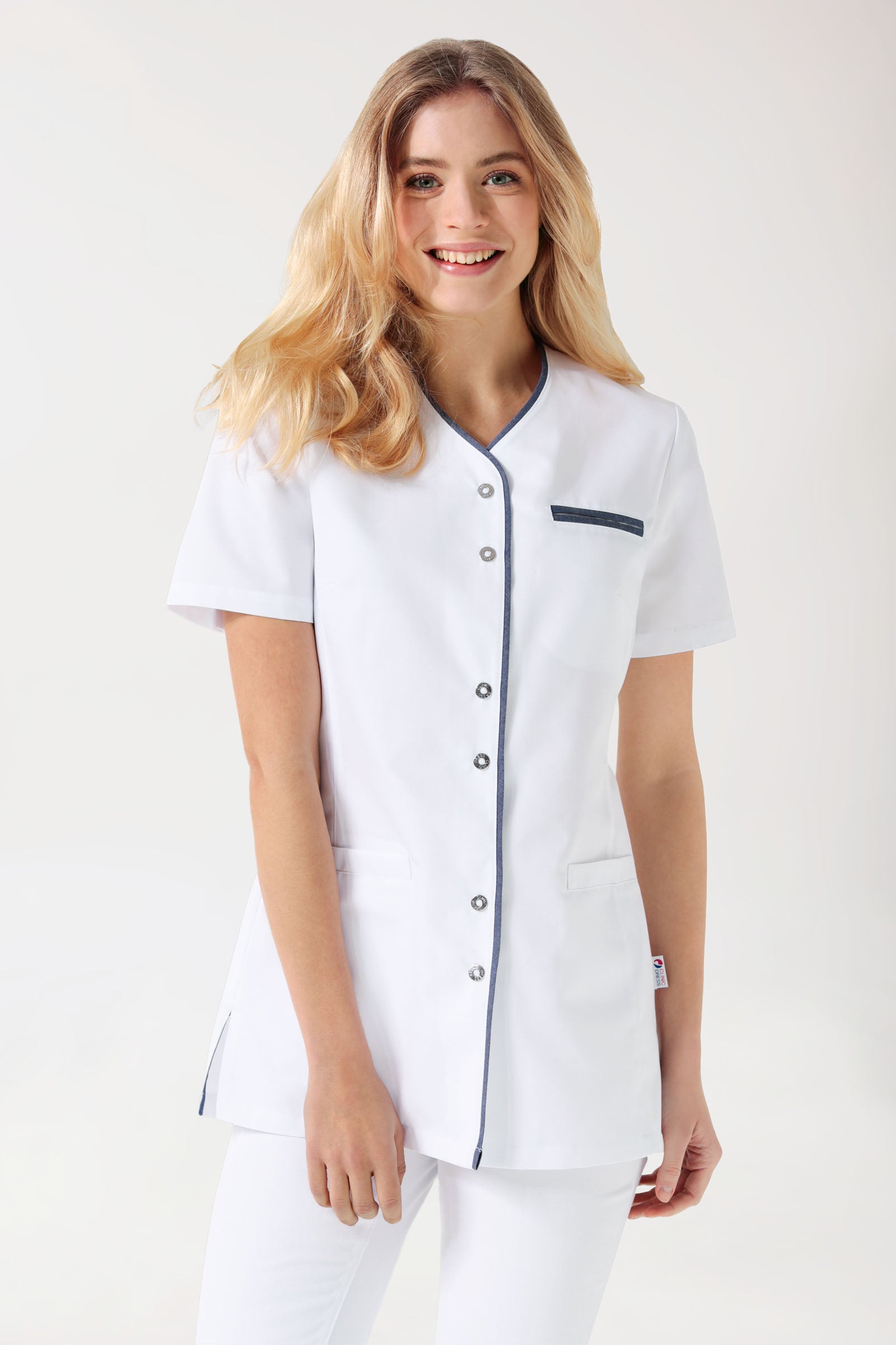 Beauty Kasack Damen - durchgeknöpft weiß/jeansblau