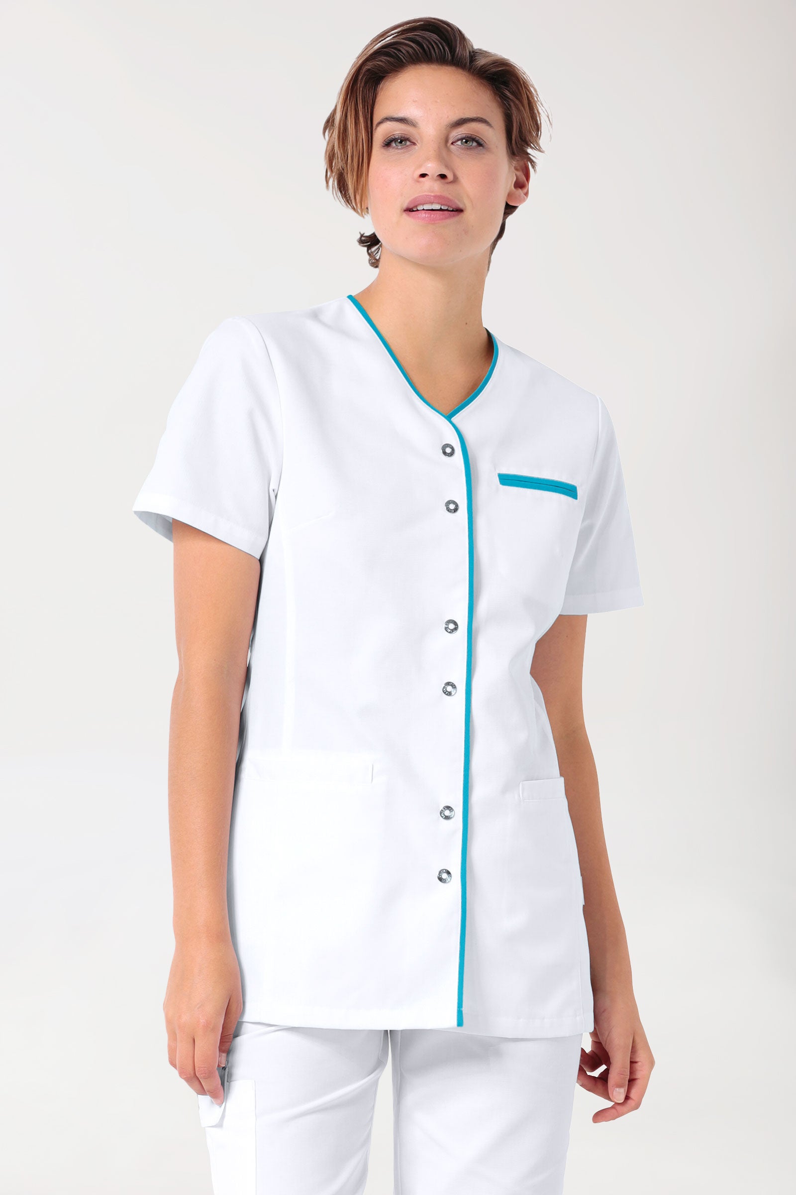 Beauty Kasack Damen - durchgeknöpft weiß/türkis