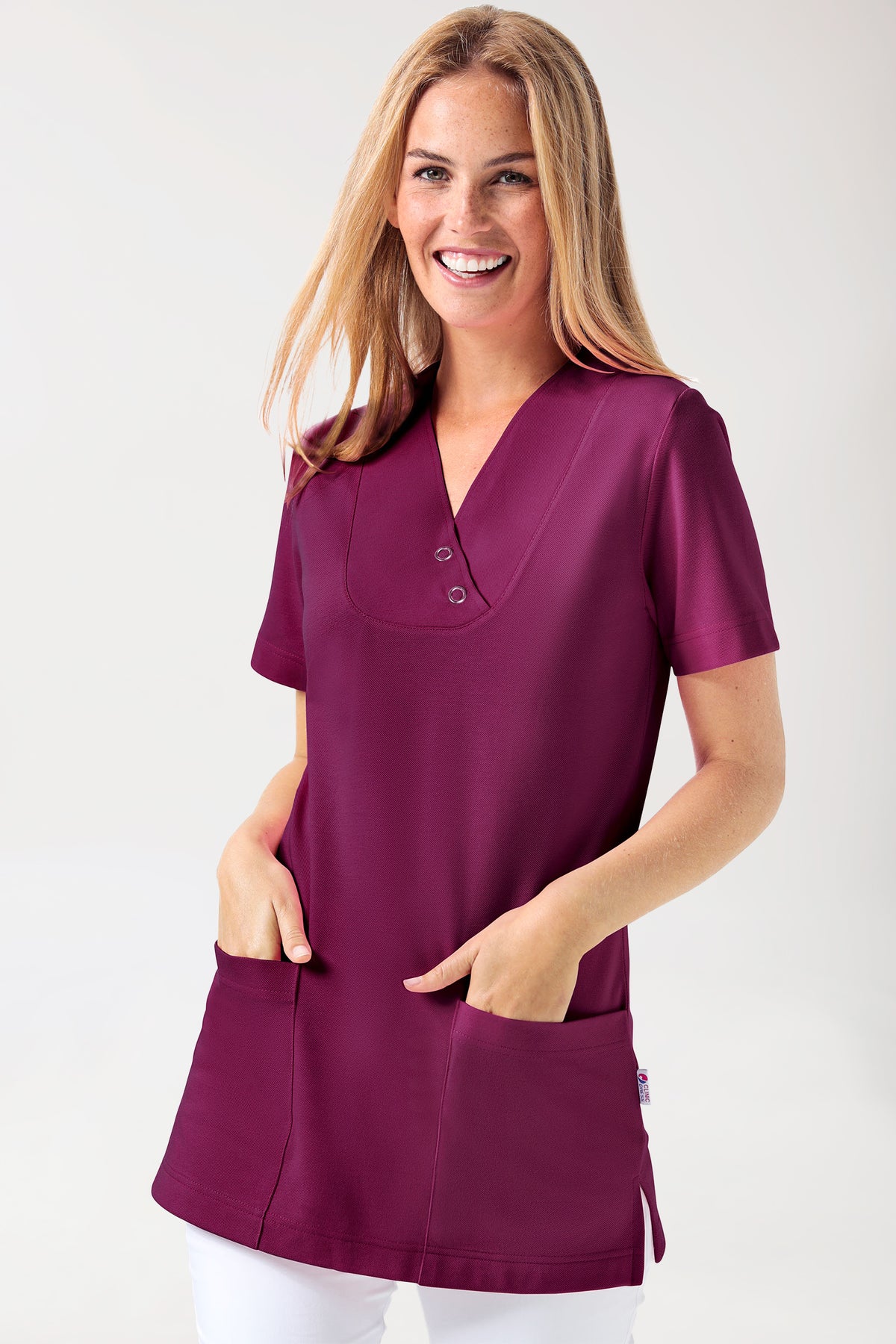 Piqué Longshirt Damen - V-Ausschnitt berry, Vorderansicht