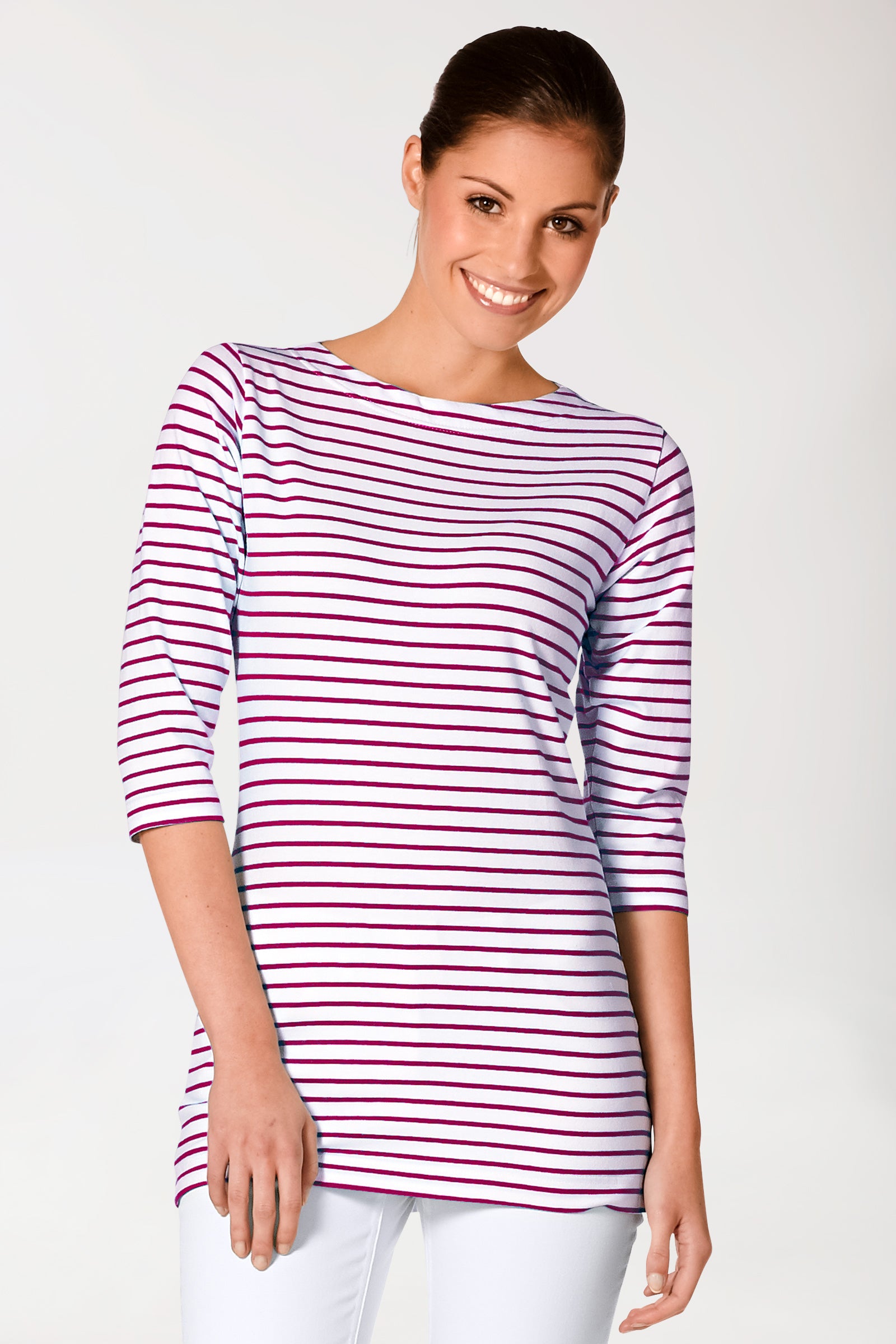 Longshirt Damen - 3/4 Arm bordeaux/weiß