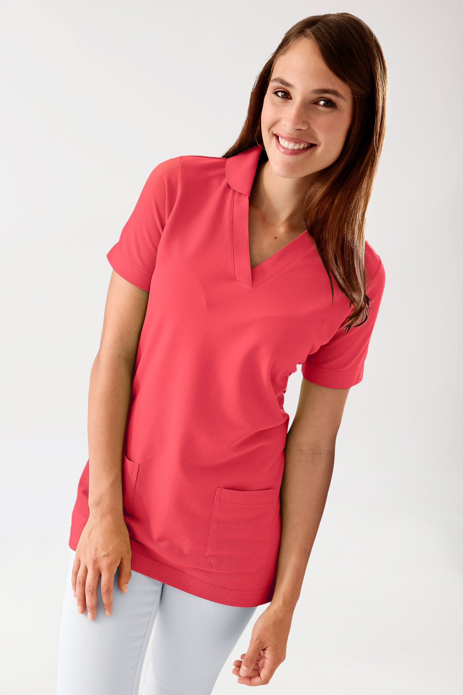 Piqué Longshirt Damen - mit Kragen lipstick