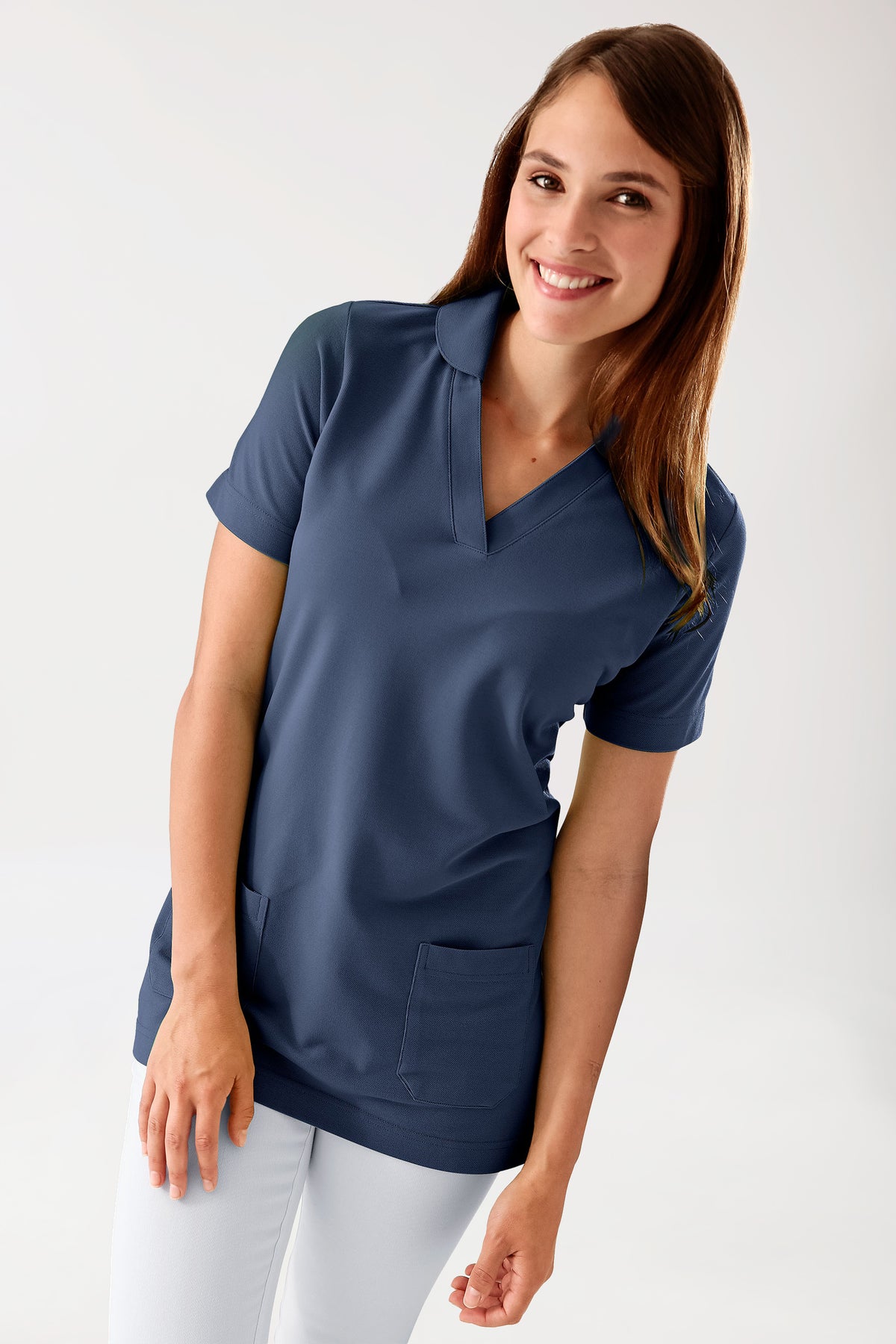 Piqué Longshirt Damen - mit Kragen navy, Vorderansicht