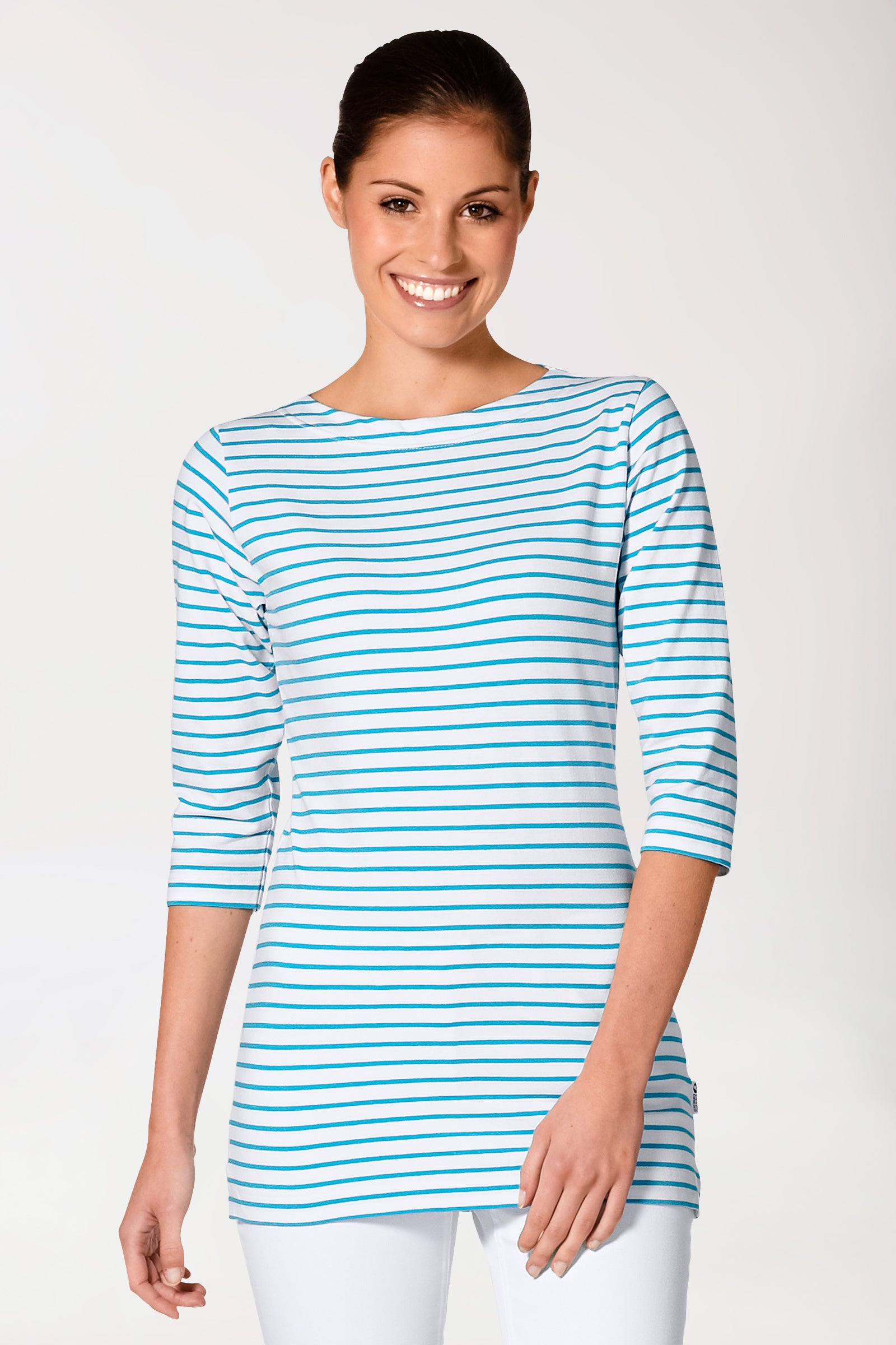 Longshirt Damen - 3/4 Arm türkis/weiß