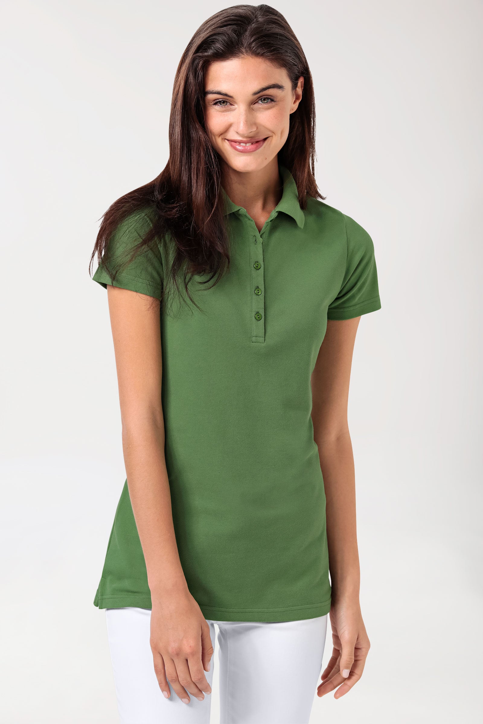 Stretch Longshirt Damen - Polokragen wiesengrün, Vorderansicht