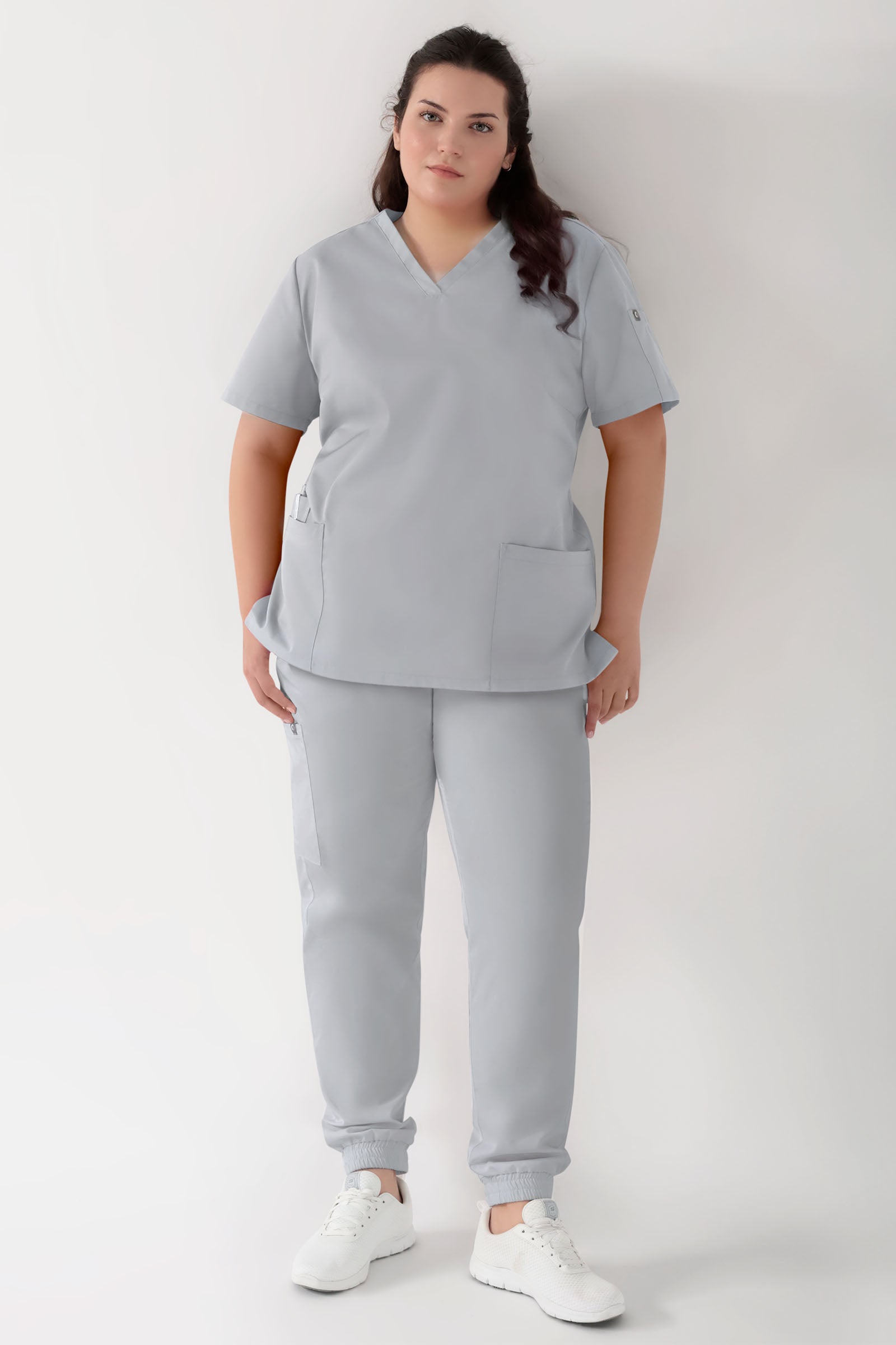 GREEN Stretch Schlupfkasack Damen - V-Ausschnitt perlgrau