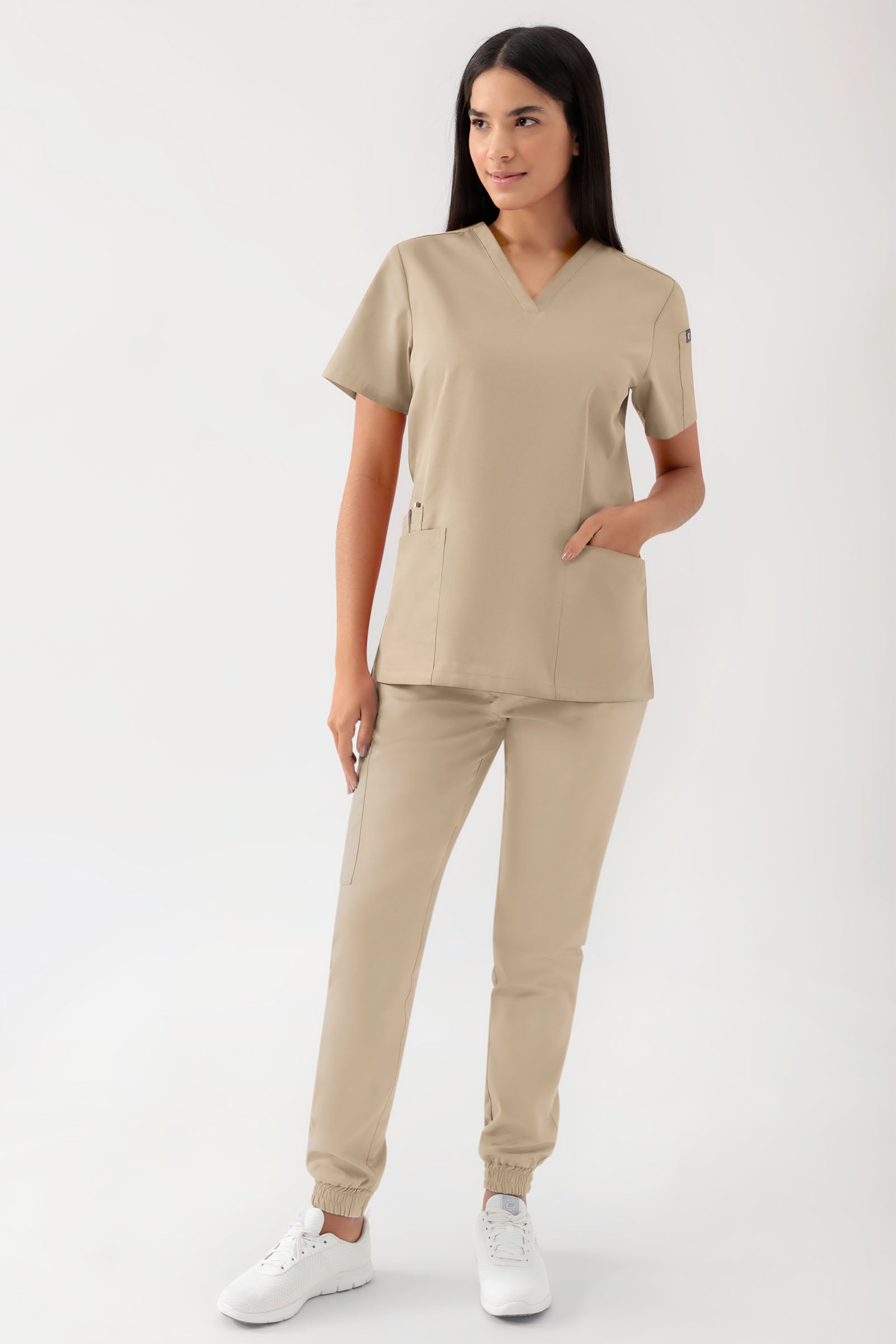 GREEN Stretch Schlupfkasack Damen - V-Ausschnitt sand