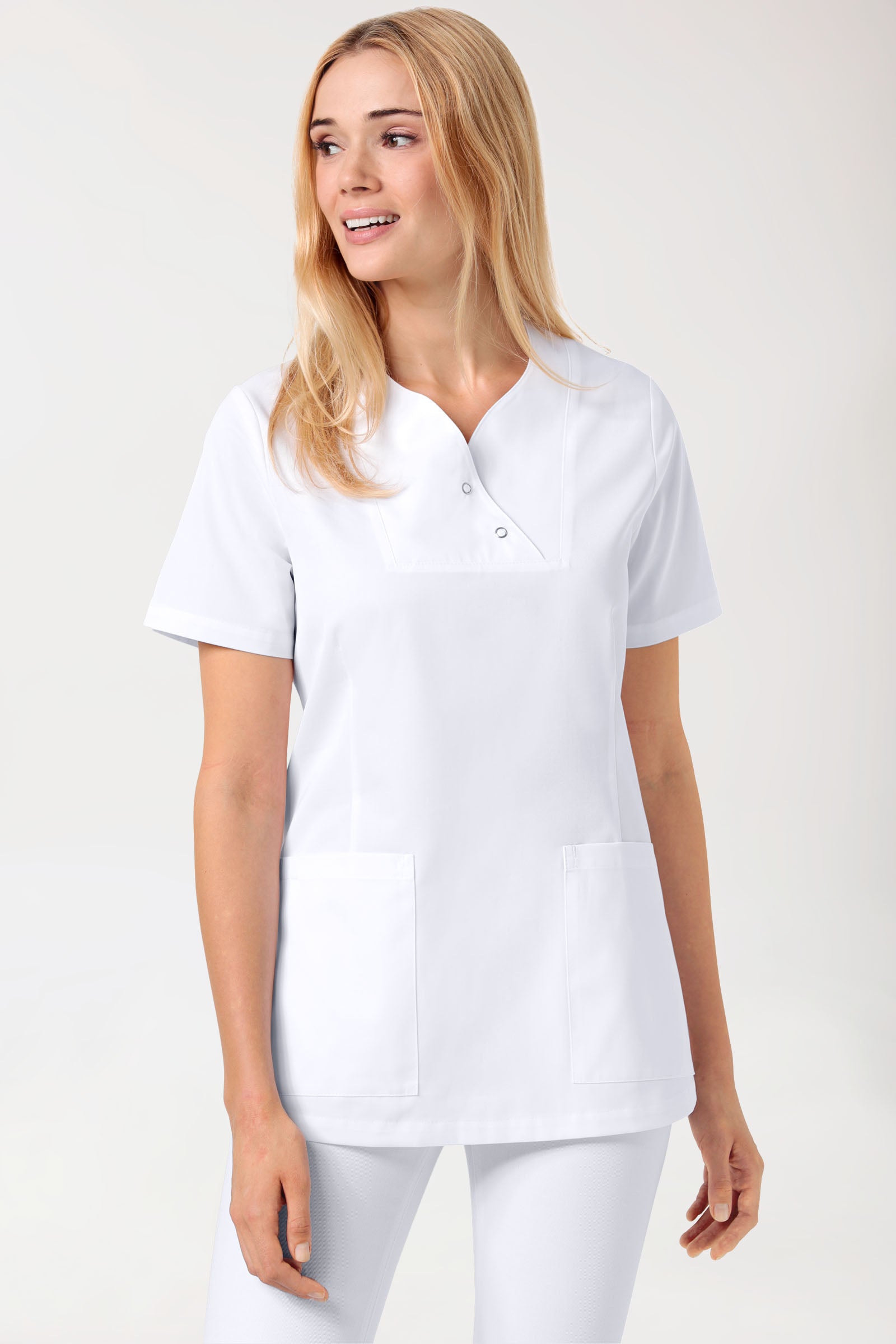 CORE Schlupfkasack Damen curved fit - mit Druckknöpfen weiß