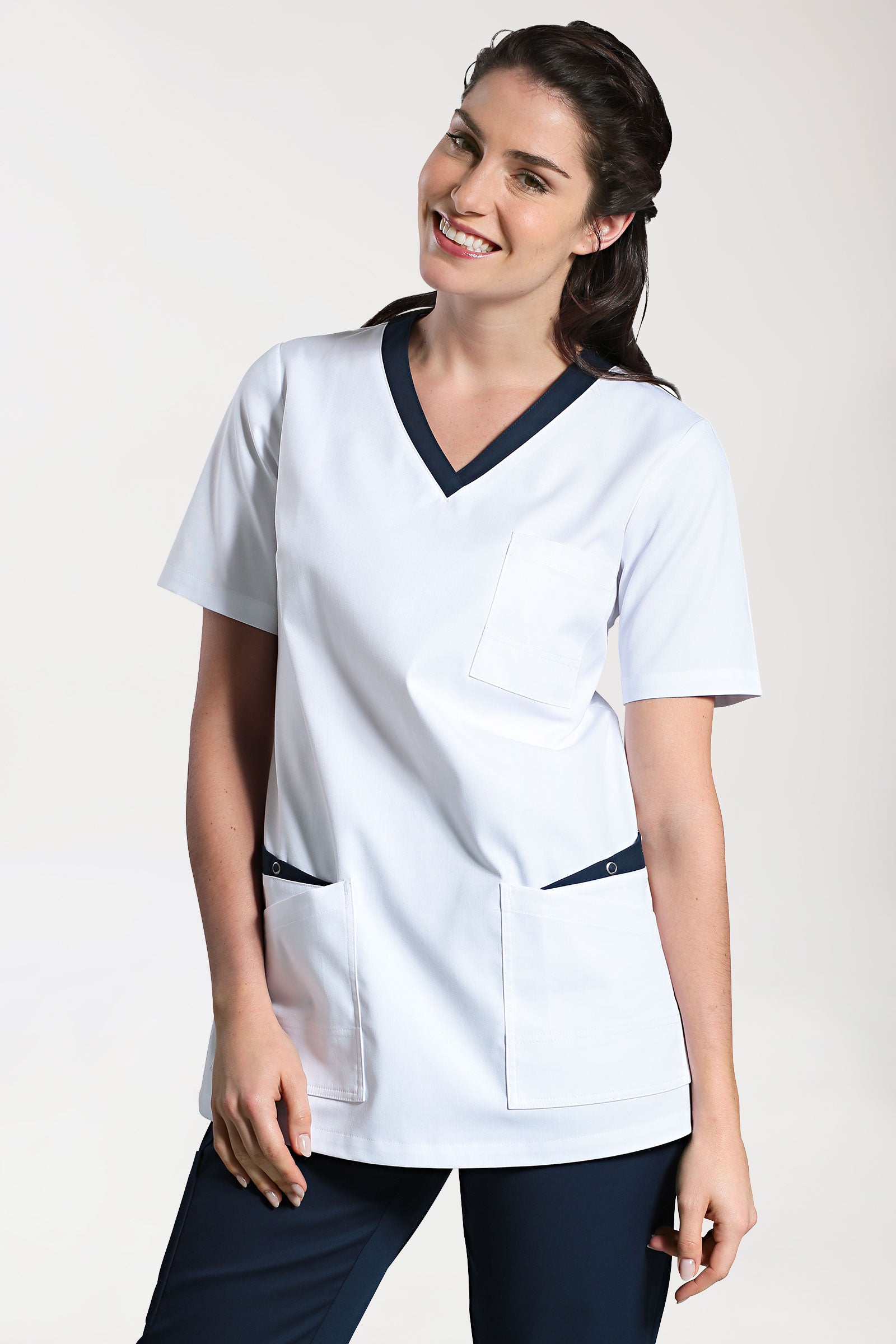 CLINIC STRETCH Schlupfkasack Damen - 1/2 Arm weiß/navy