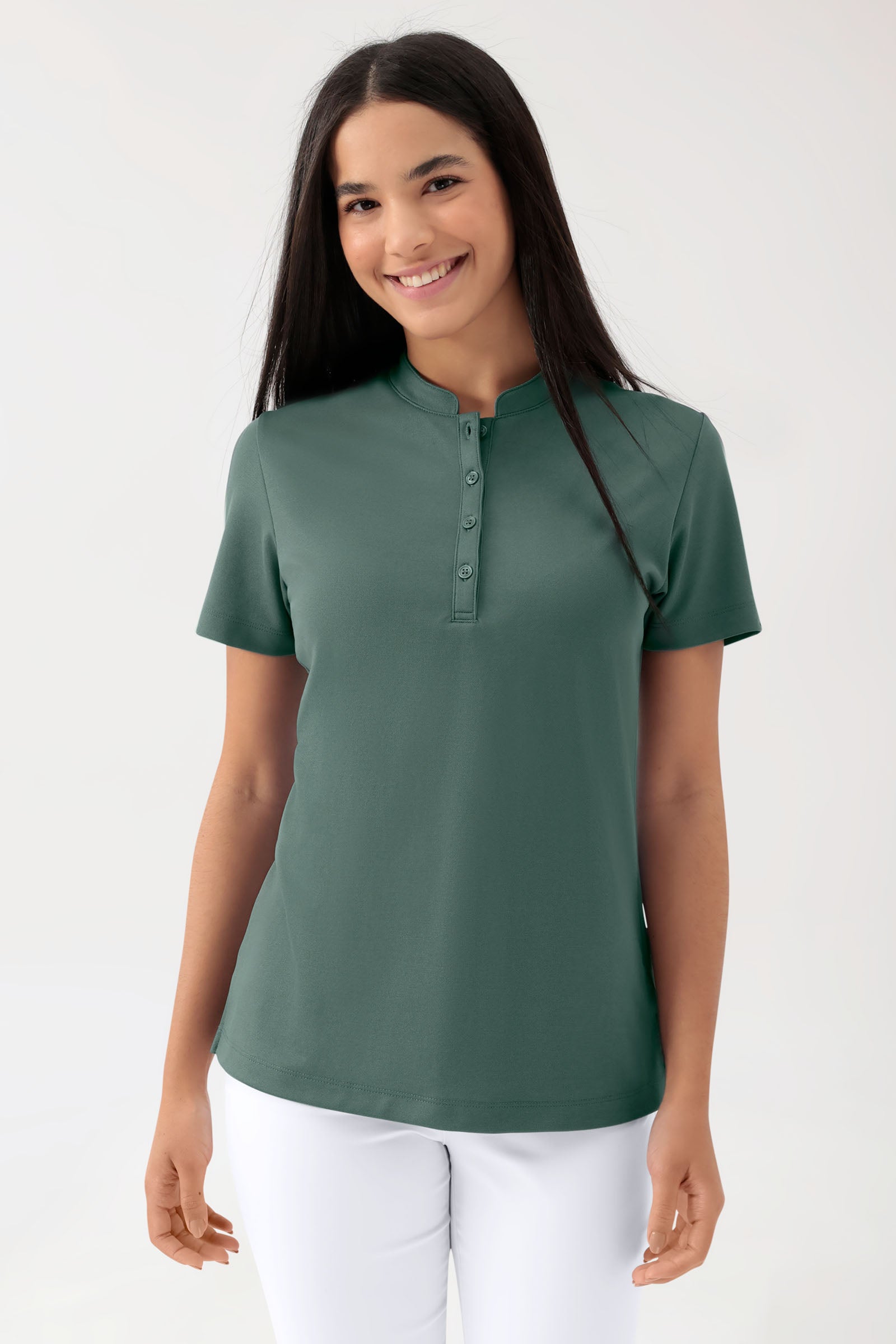 COMFY FLEX Stretch Shirt Damen - Stehkragen dunkelgrün