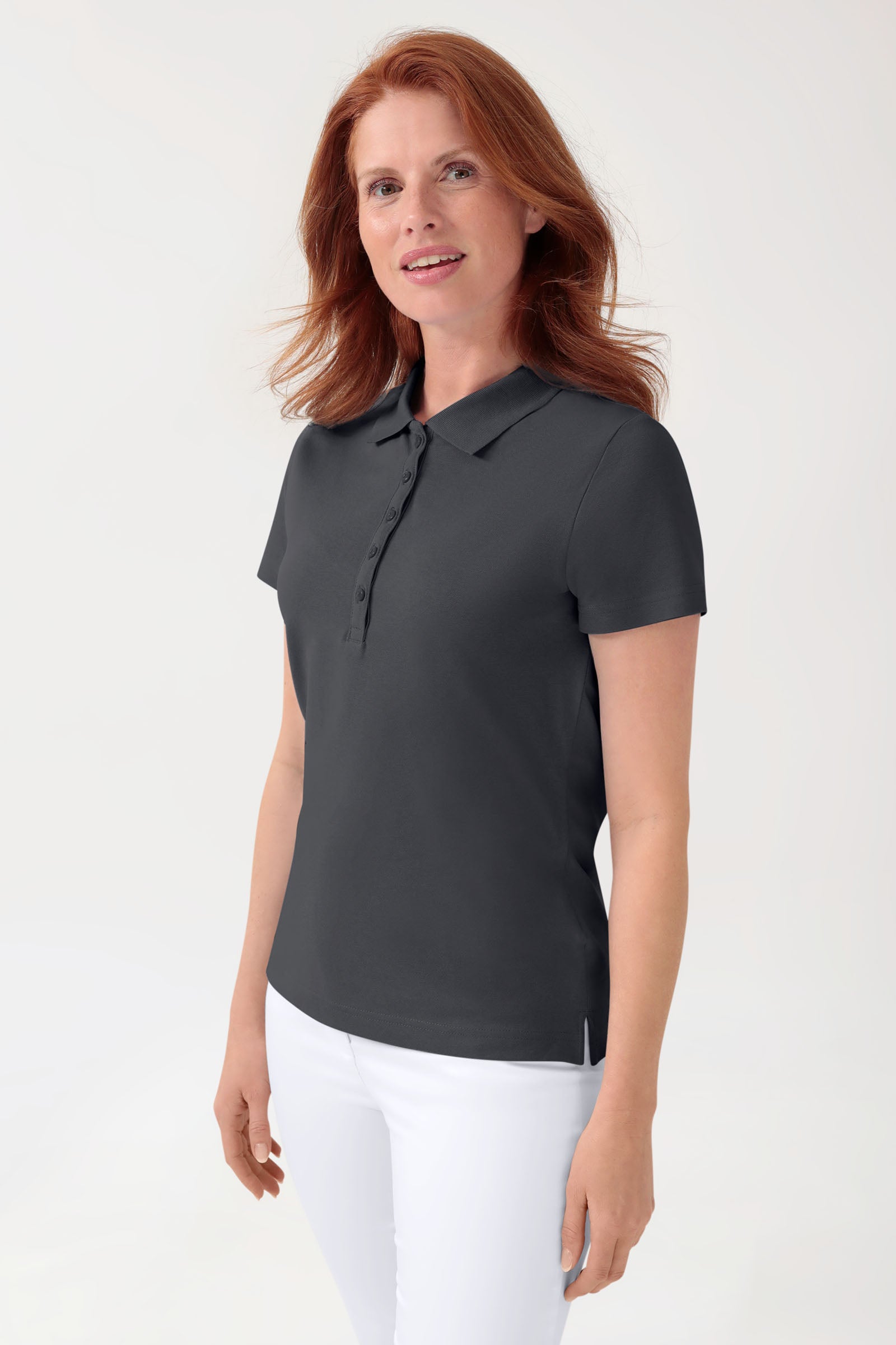 Stretch Shirt Damen - Polokragen erzgrau, Vorderansicht