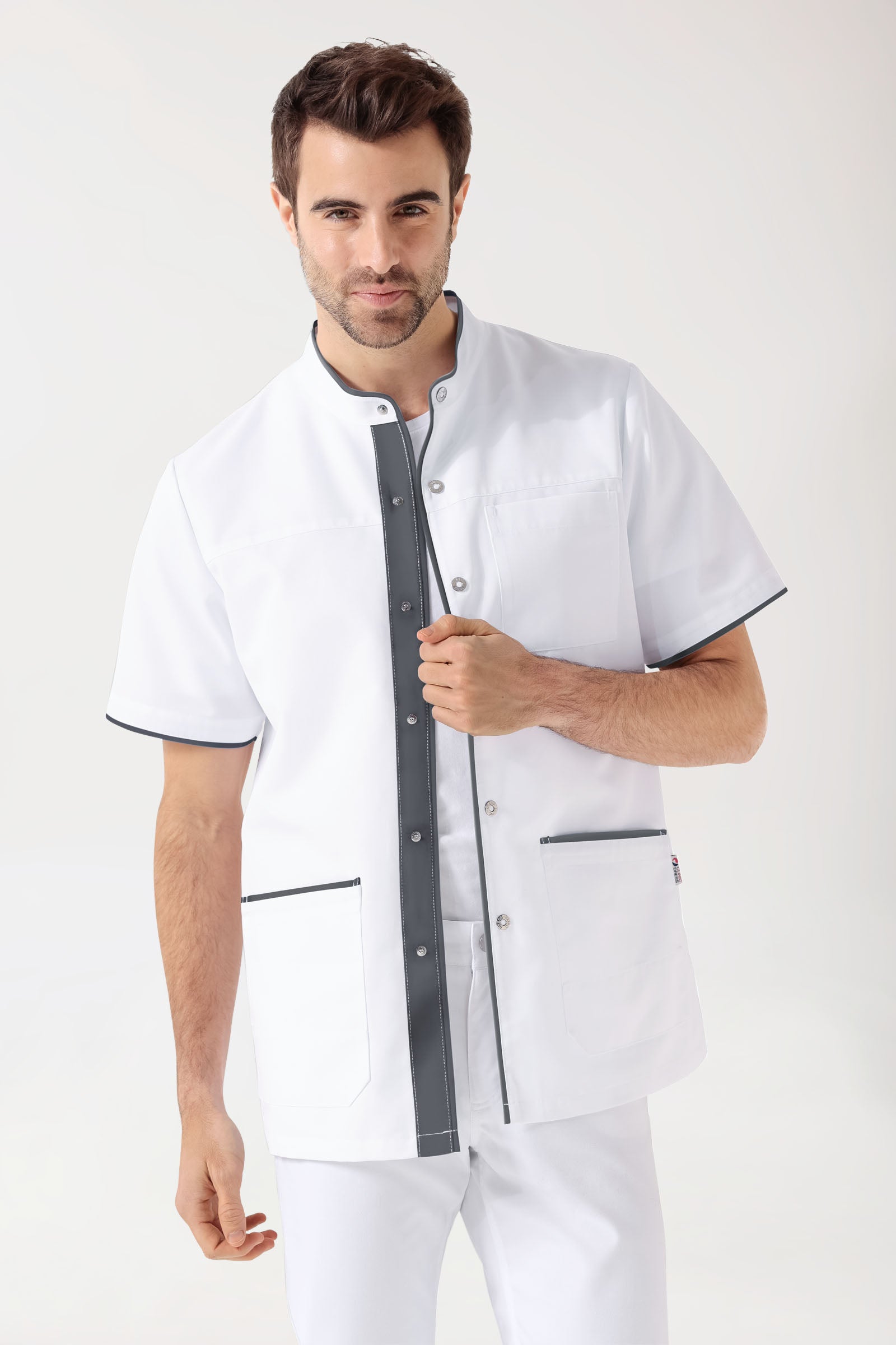 Beauty Kasack Herren - durchgeknöpft weiß/anthrazit