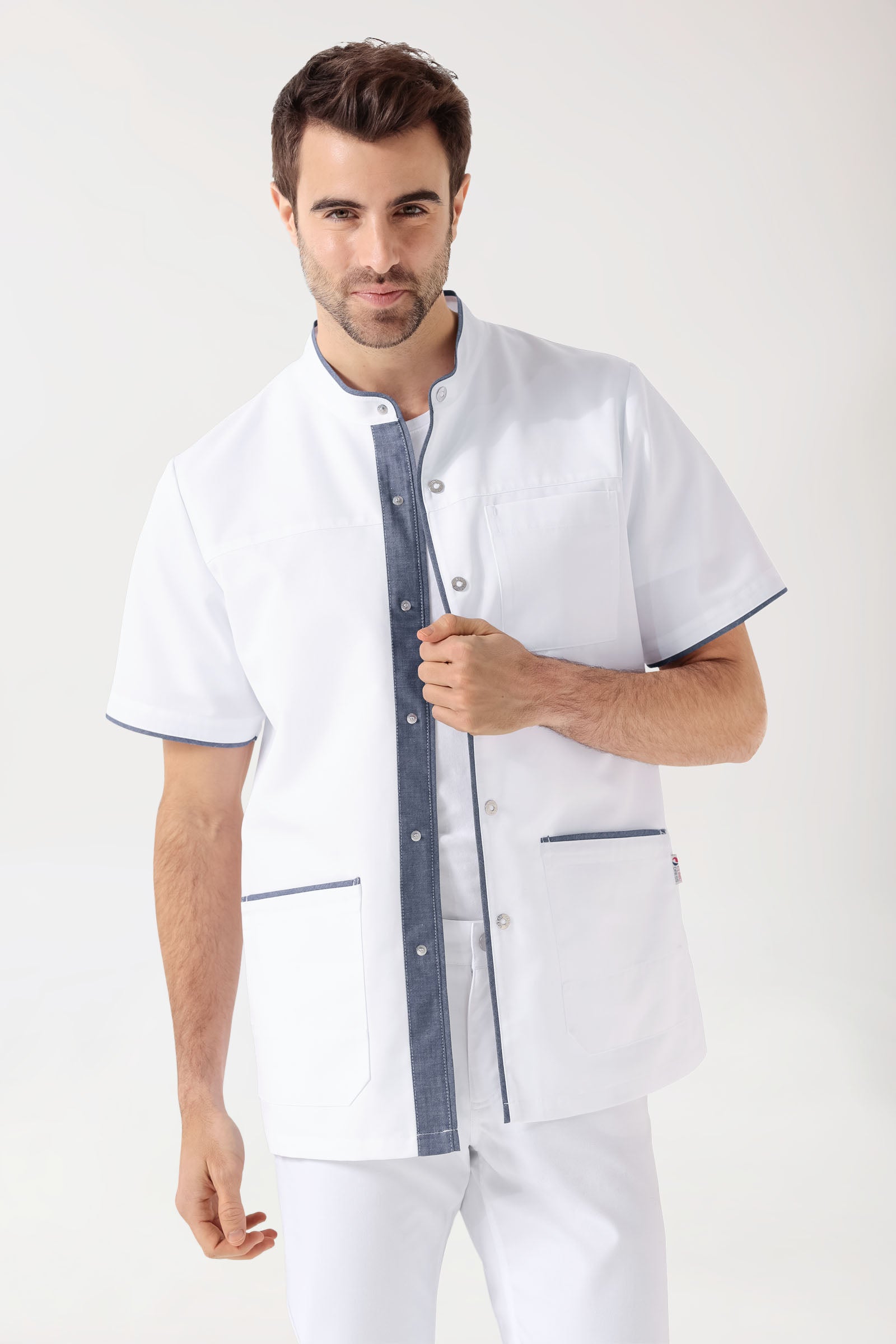 Beauty Kasack Herren - durchgeknöpft weiß/jeansblau