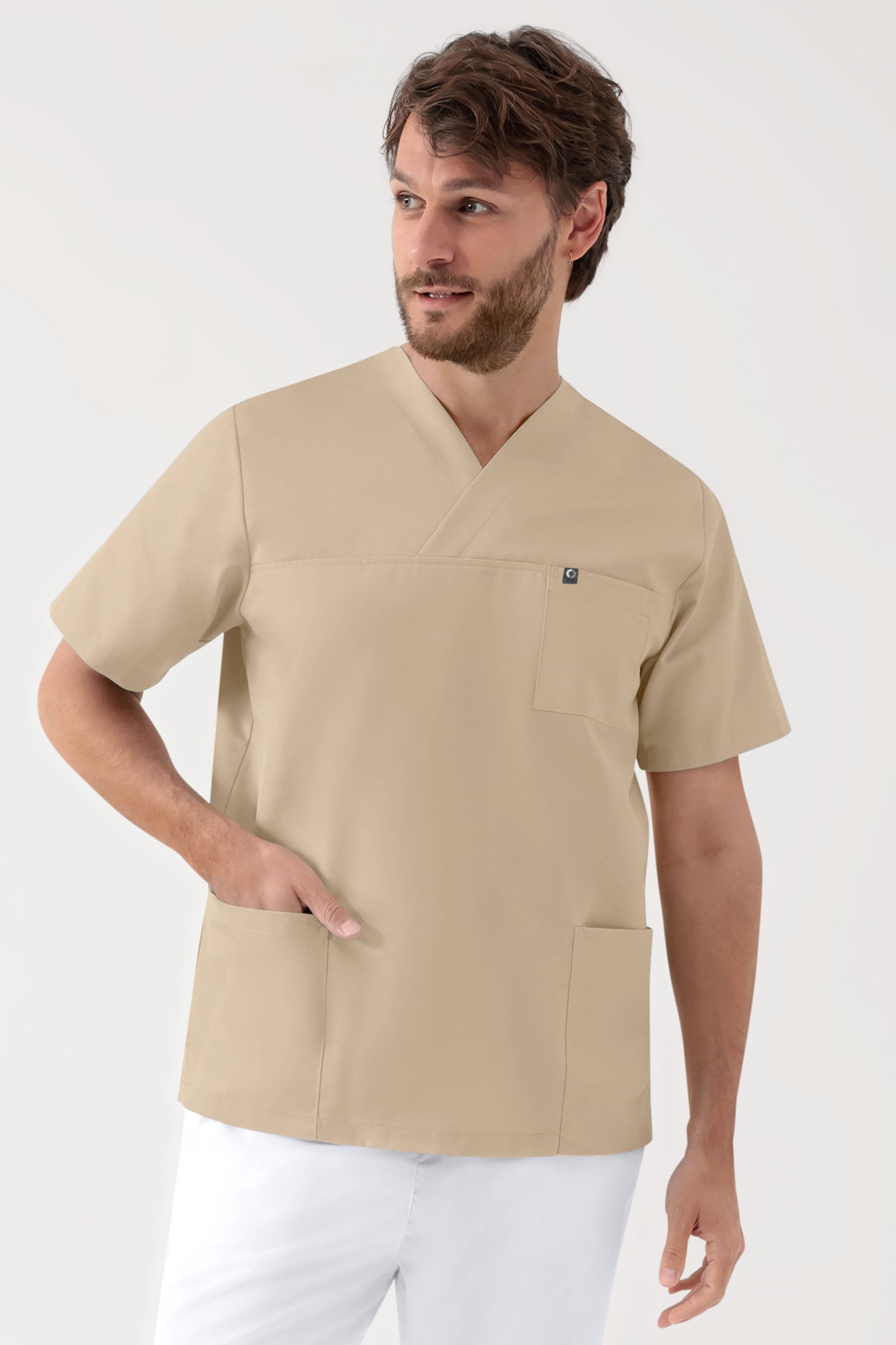 GREEN Stretch Schlupfkasack Unisex - V-Ausschnitt sand, Vorderansicht