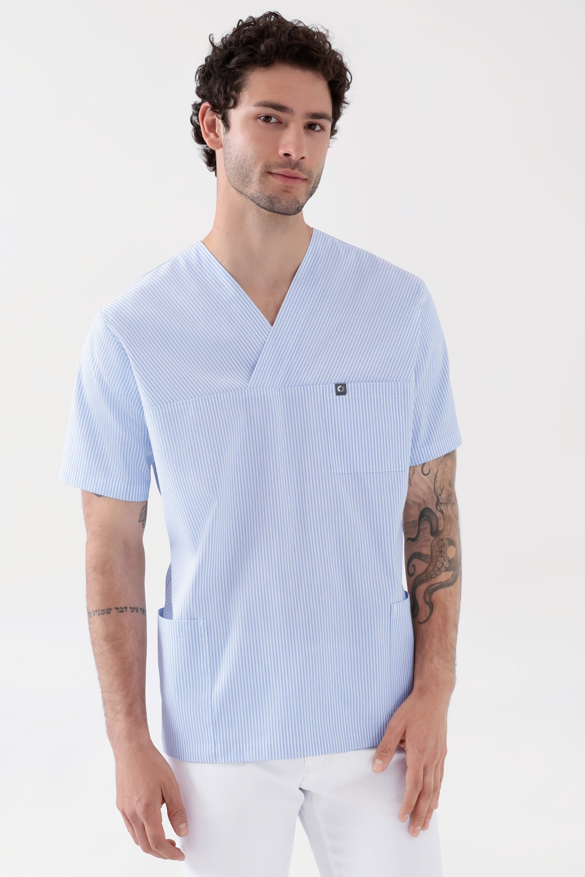Stretch Schlupfkasack Unisex - V-Ausschnitt weiß/blau, Vorderansicht