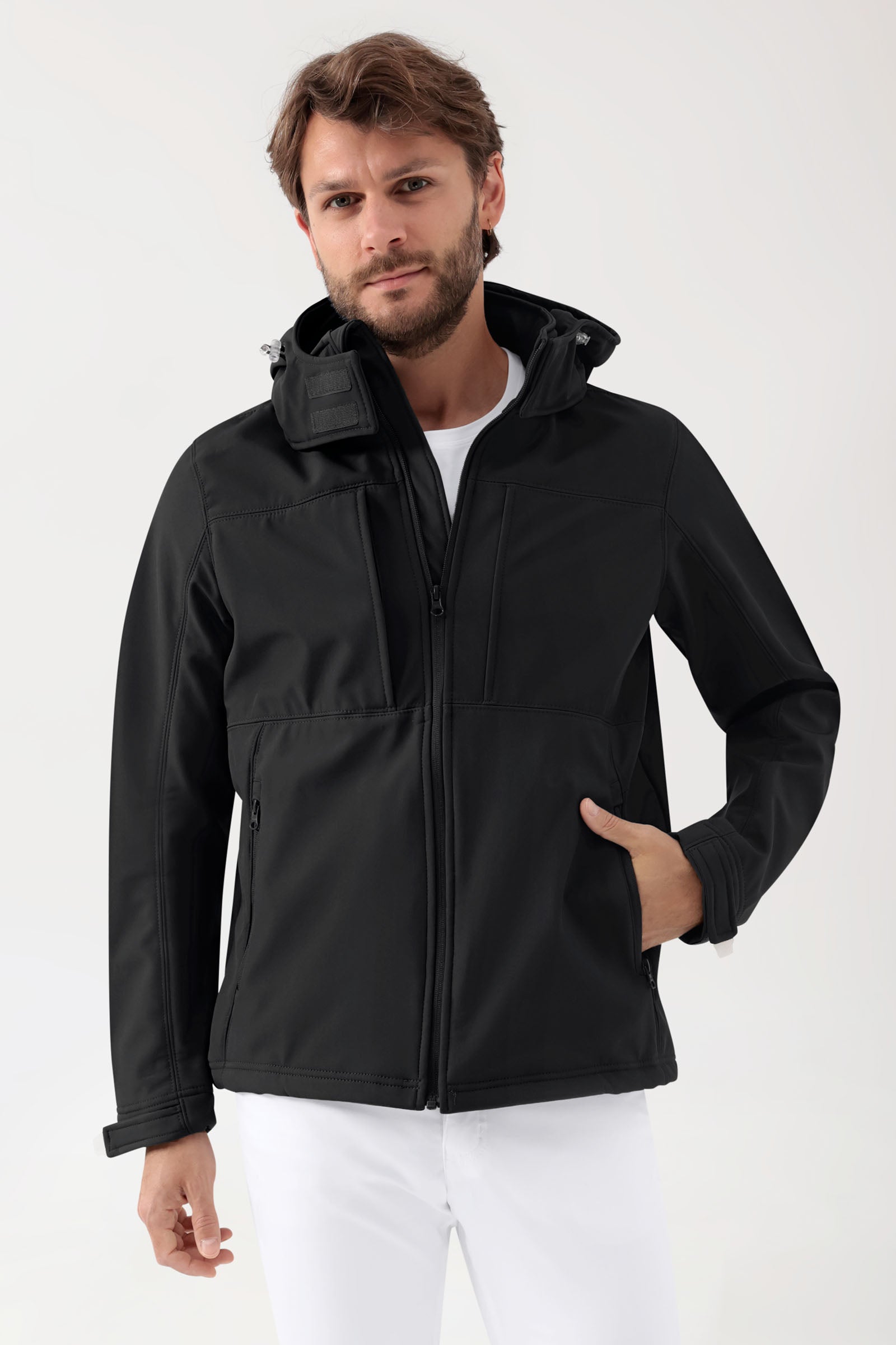 Softshell Jacken Unisex - abnehmbare Kapuze schwarz