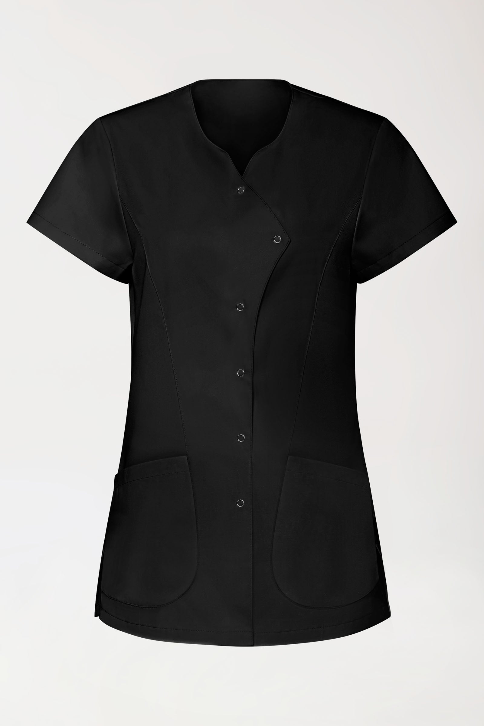 GREEN Stretch Kasack Damen - asymmetrische Druckknopfleiste schwarz, Vorderansicht