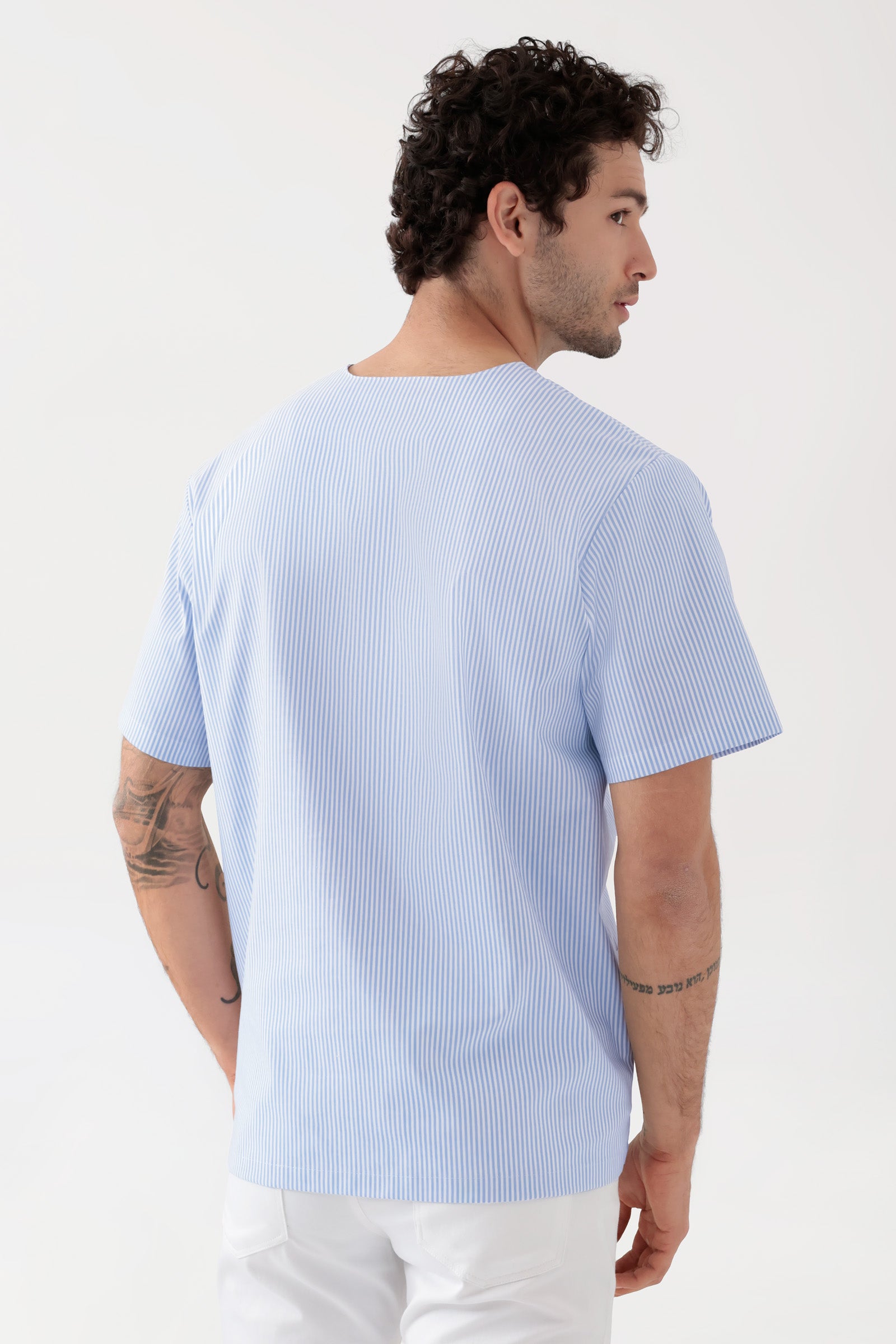 Stretch Schlupfkasack Unisex - V-Ausschnitt weiß/blau, Rückansicht 