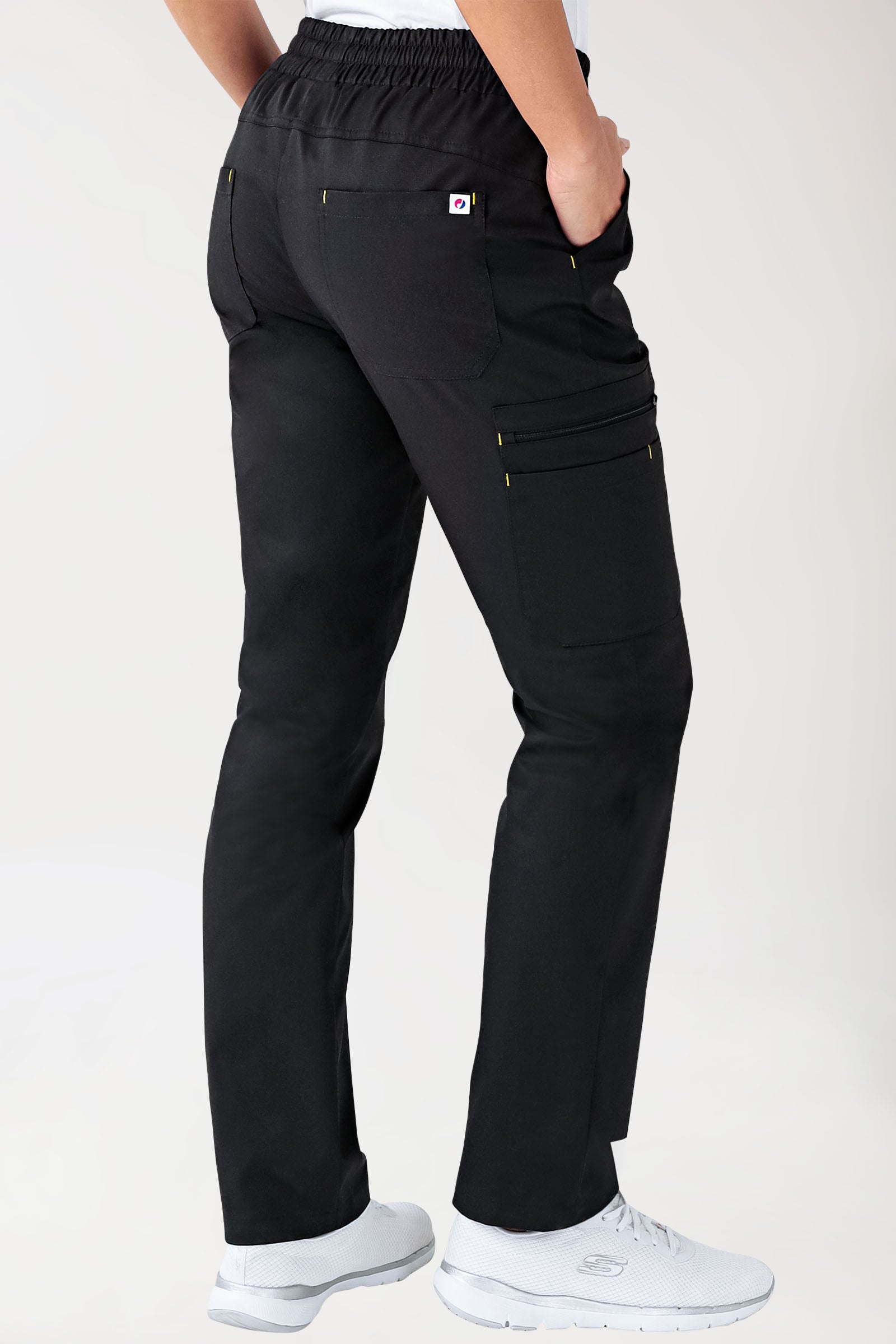 CLINIC STRETCH Hose Damen - gerader Saum schwarz/gelb, Rückansicht 