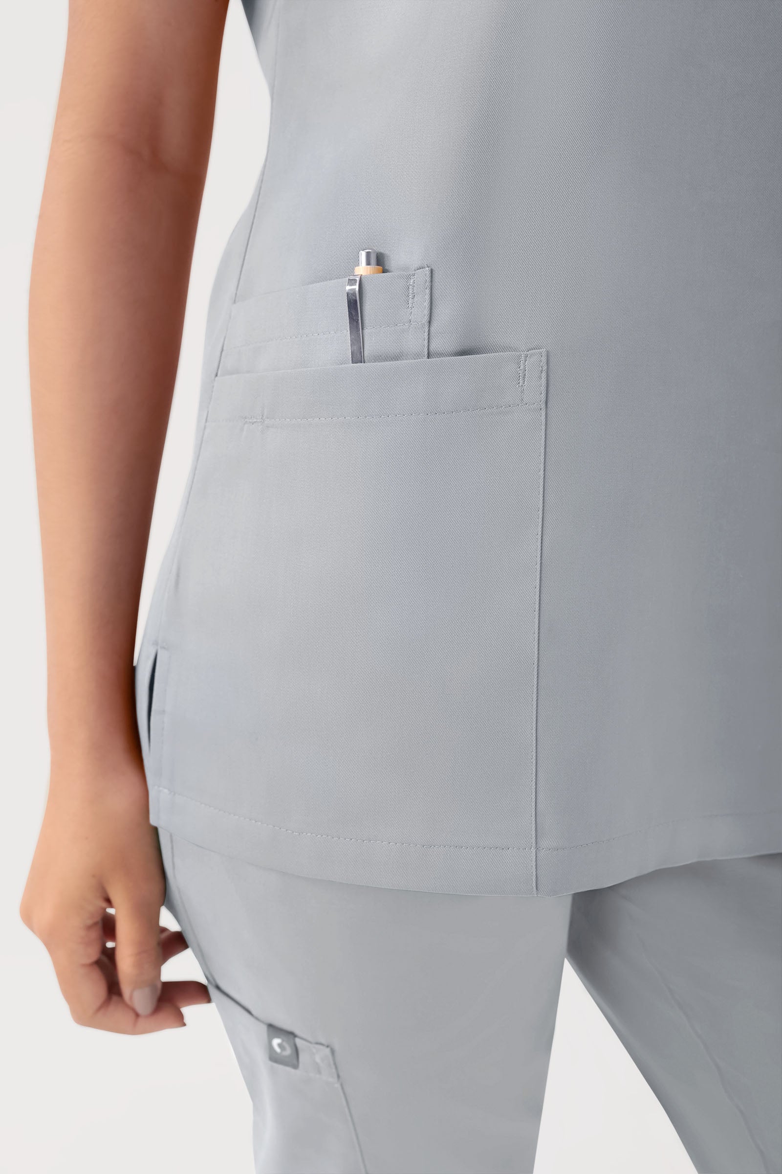 GREEN Stretch Schlupfkasack Damen - V-Ausschnitt perlgrau