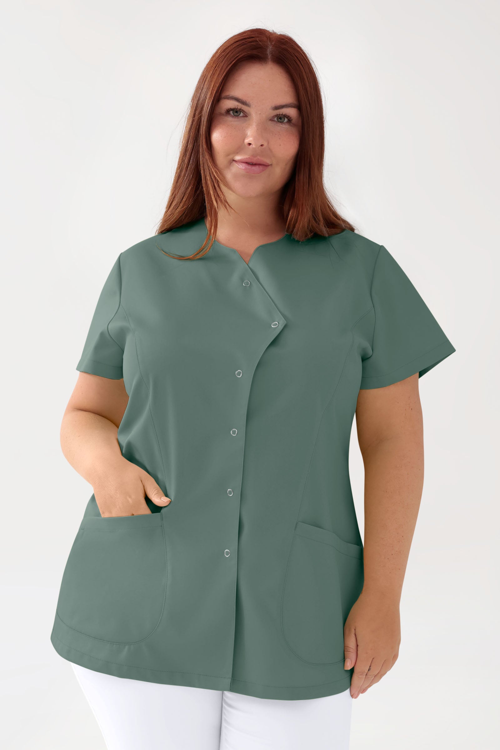 GREEN Stretch Kasack Damen - asymmetrische Druckknopfleiste dunkelgrün