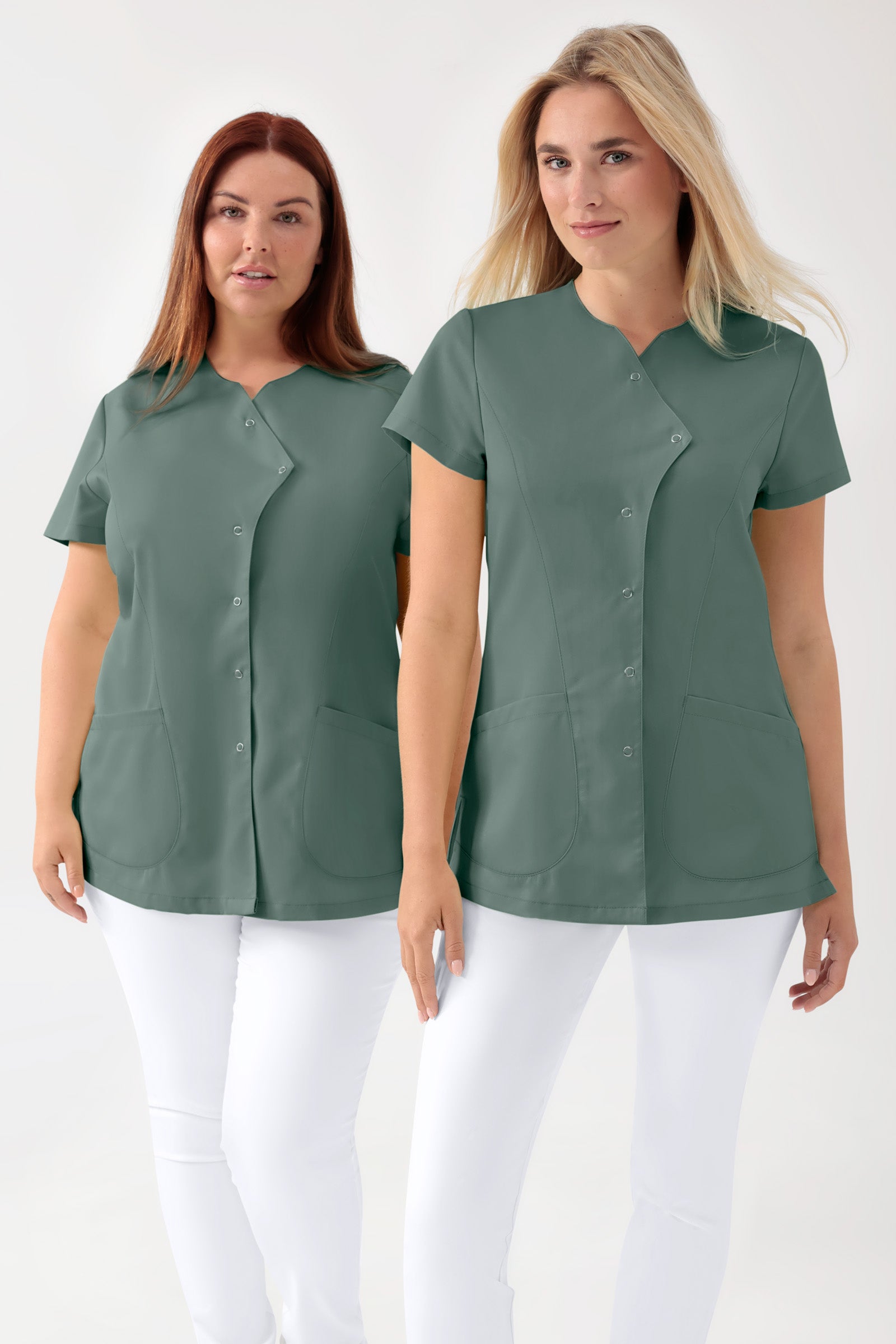 GREEN Stretch Kasack Damen - asymmetrische Druckknopfleiste dunkelgrün