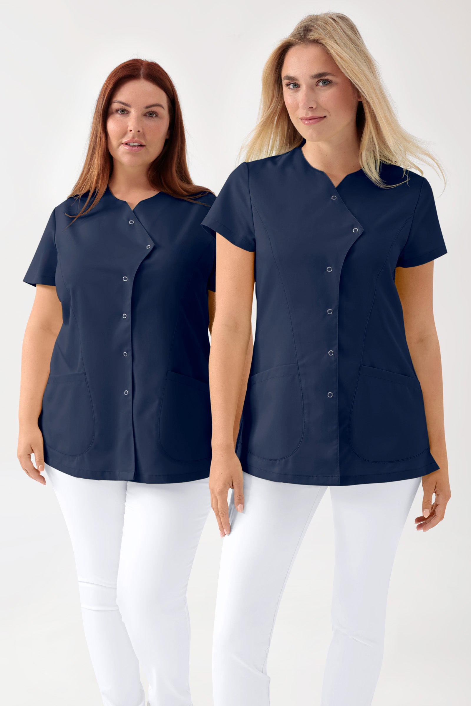 GREEN Stretch Kasack Damen - asymmetrische Druckknopfleiste navy, Vorderansicht 