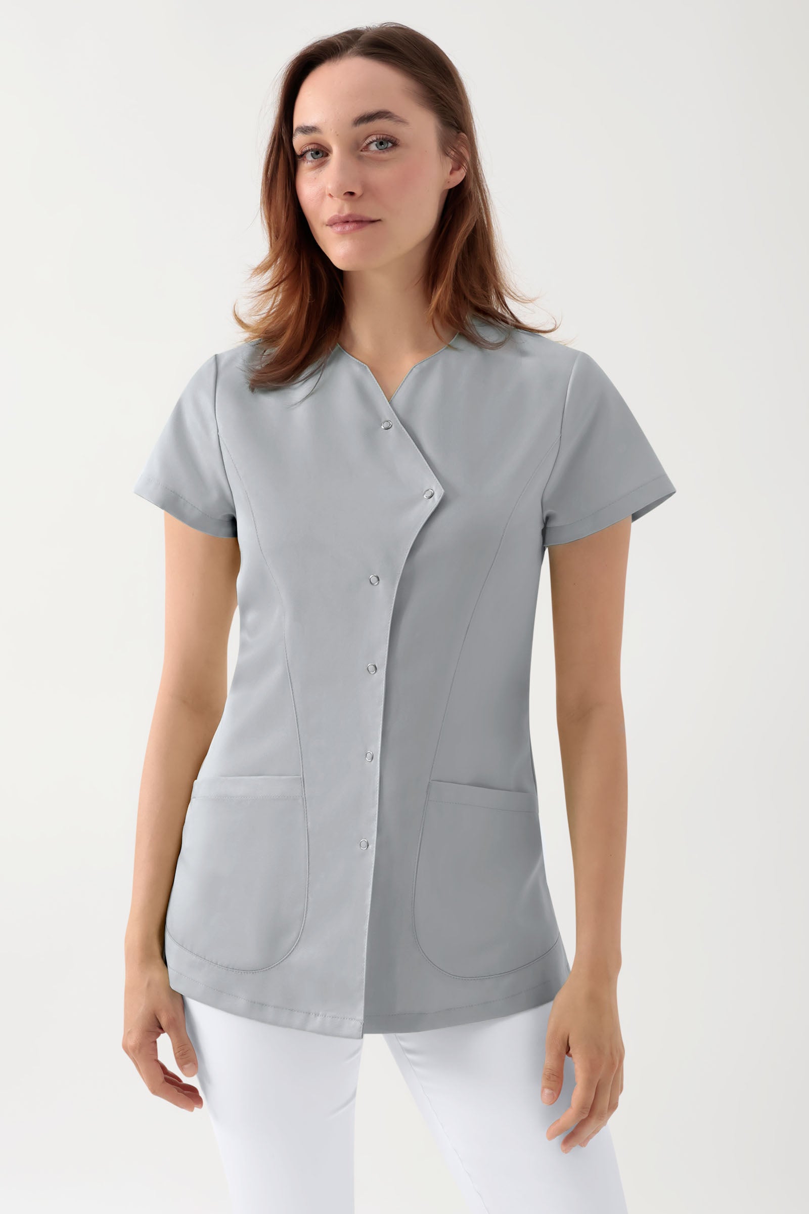 GREEN Stretch Kasack Damen - asymmetrische Druckknopfleiste perlgrau