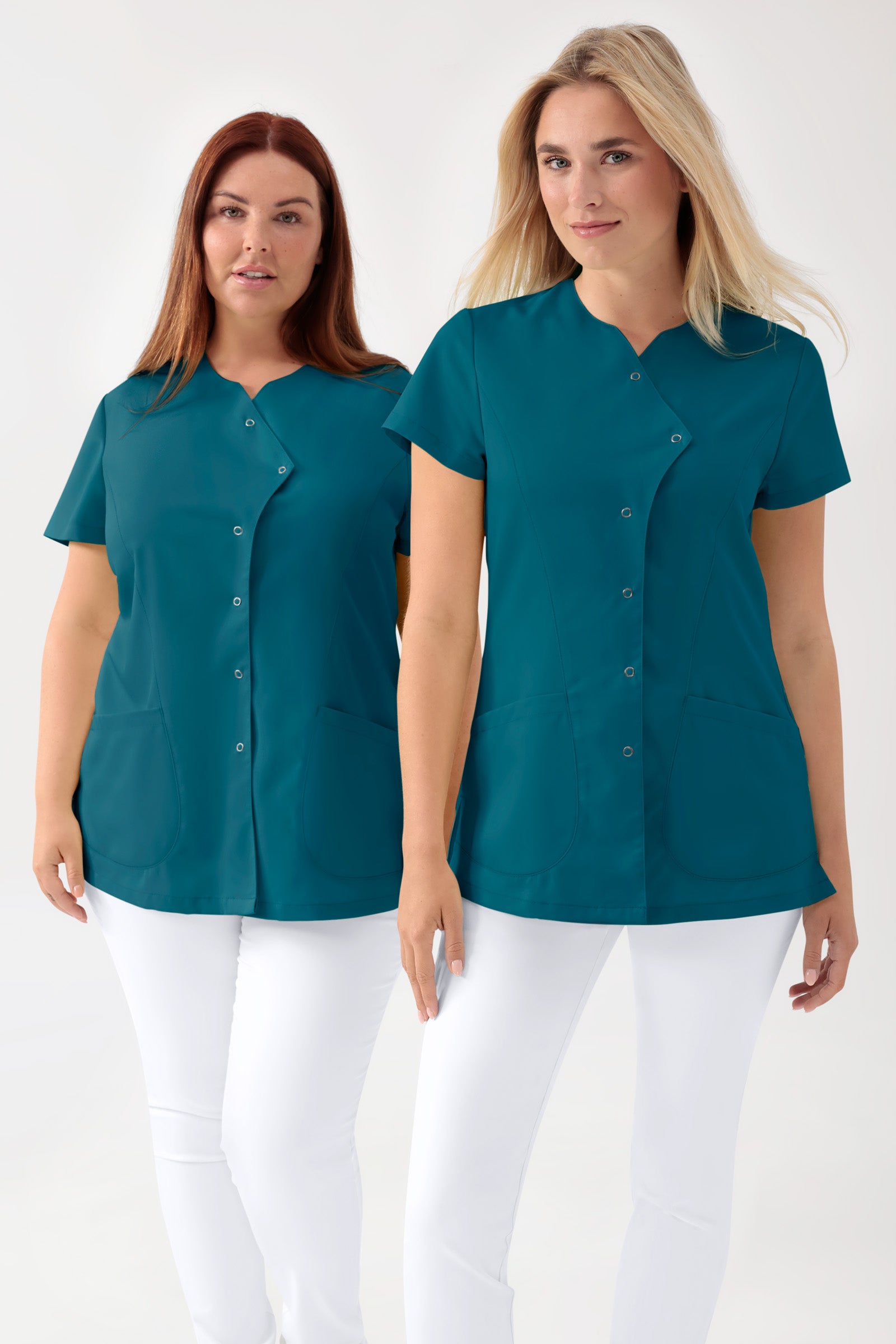 GREEN Stretch Kasack Damen - asymmetrische Druckknopfleiste petrol, Vorderansicht 
