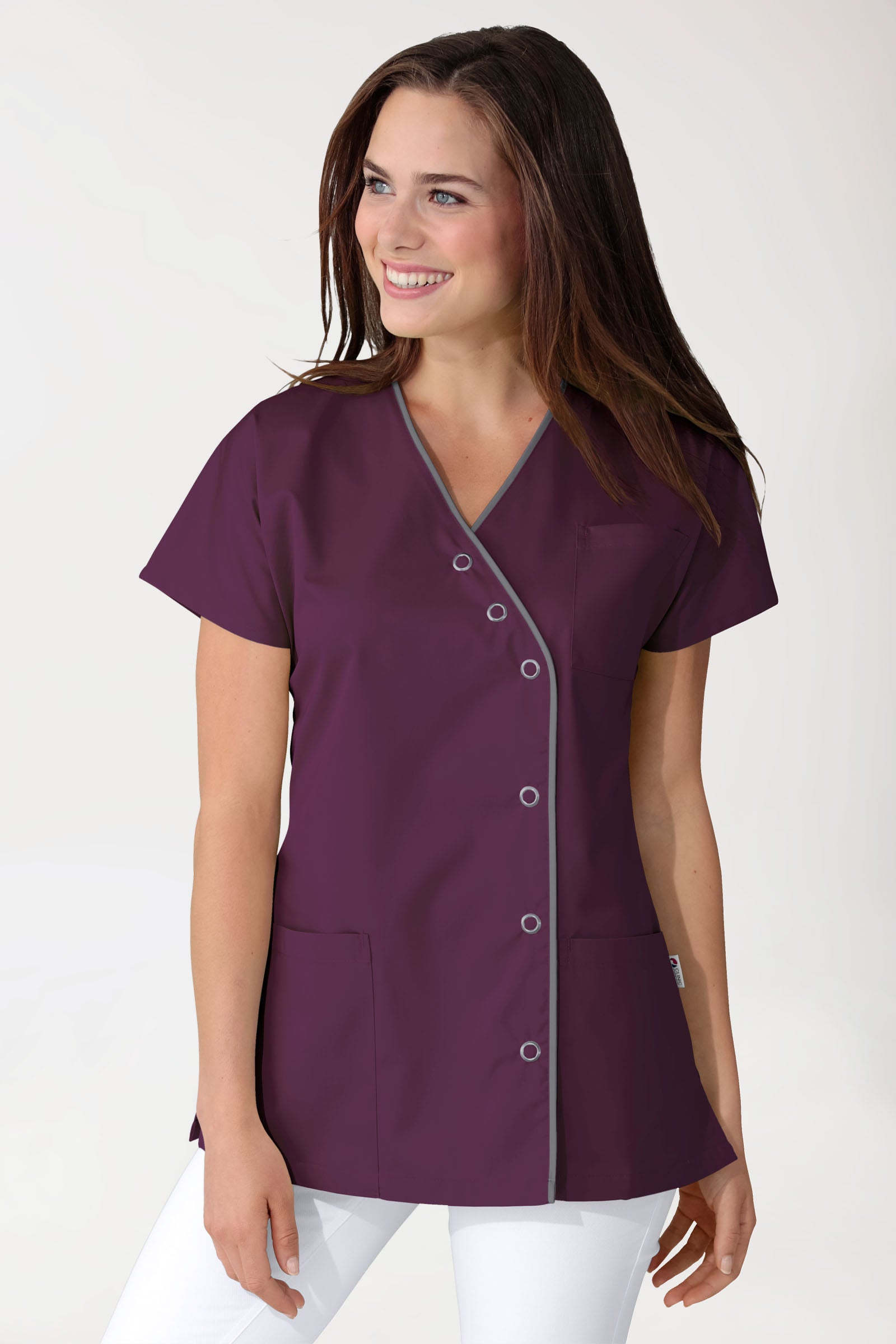 Beauty Kasack Damen - asymmetrische Druckknopfleiste pflaume/grau