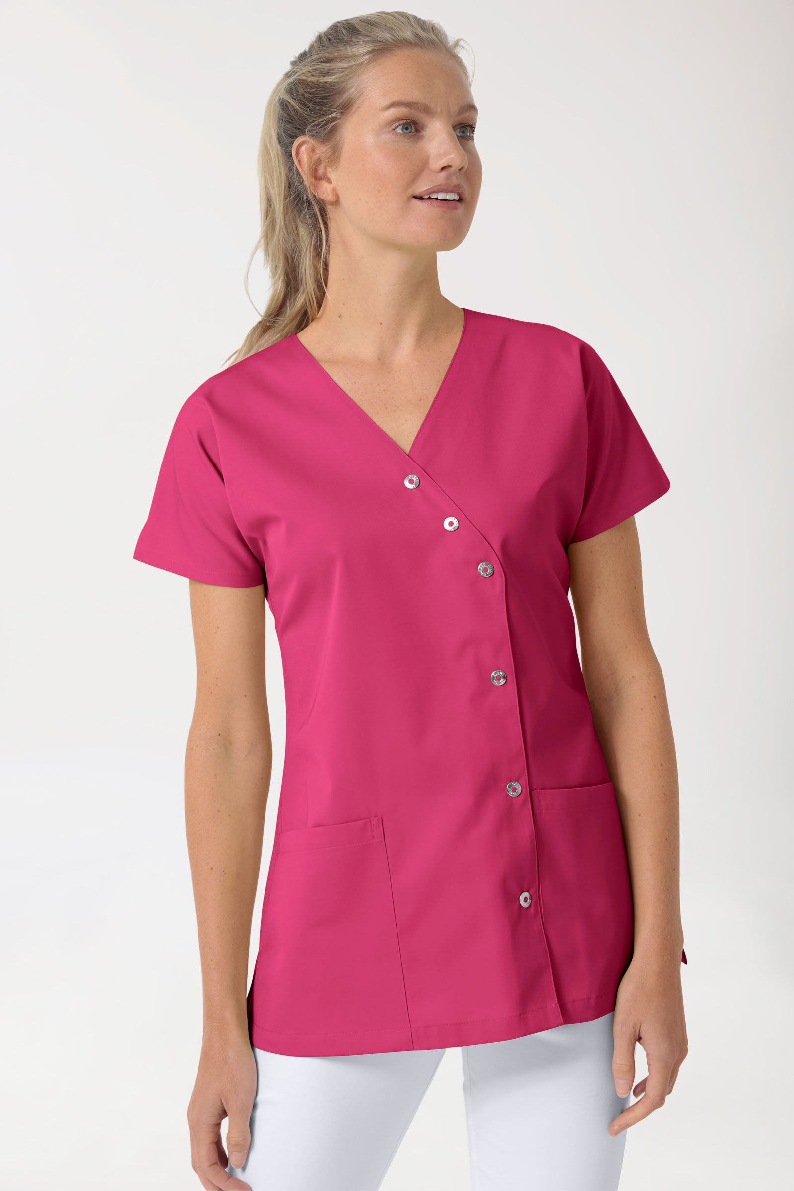 Beauty Kasack Damen - asymmetrische Druckknopfleiste pink