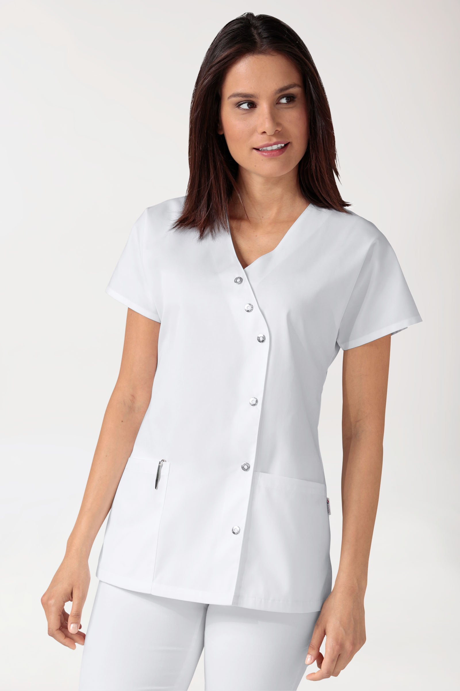 Beauty Kasack Damen - asymmetrische Druckknopfleiste weiß