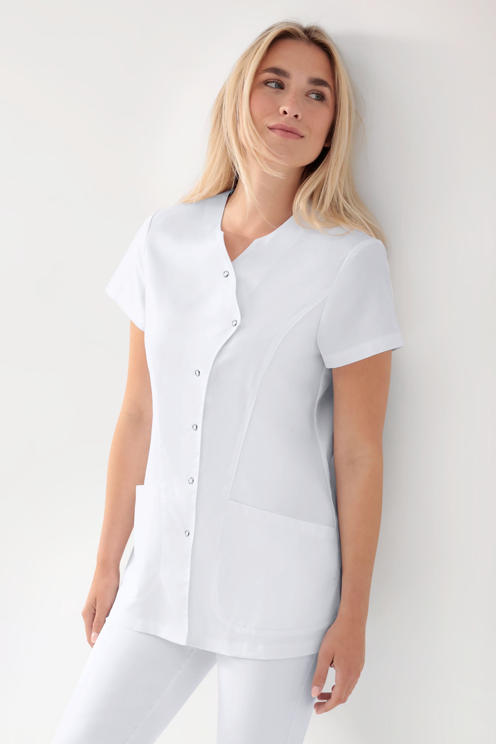 GREEN Stretch Kasack Damen - asymmetrische Druckknopfleiste weiß