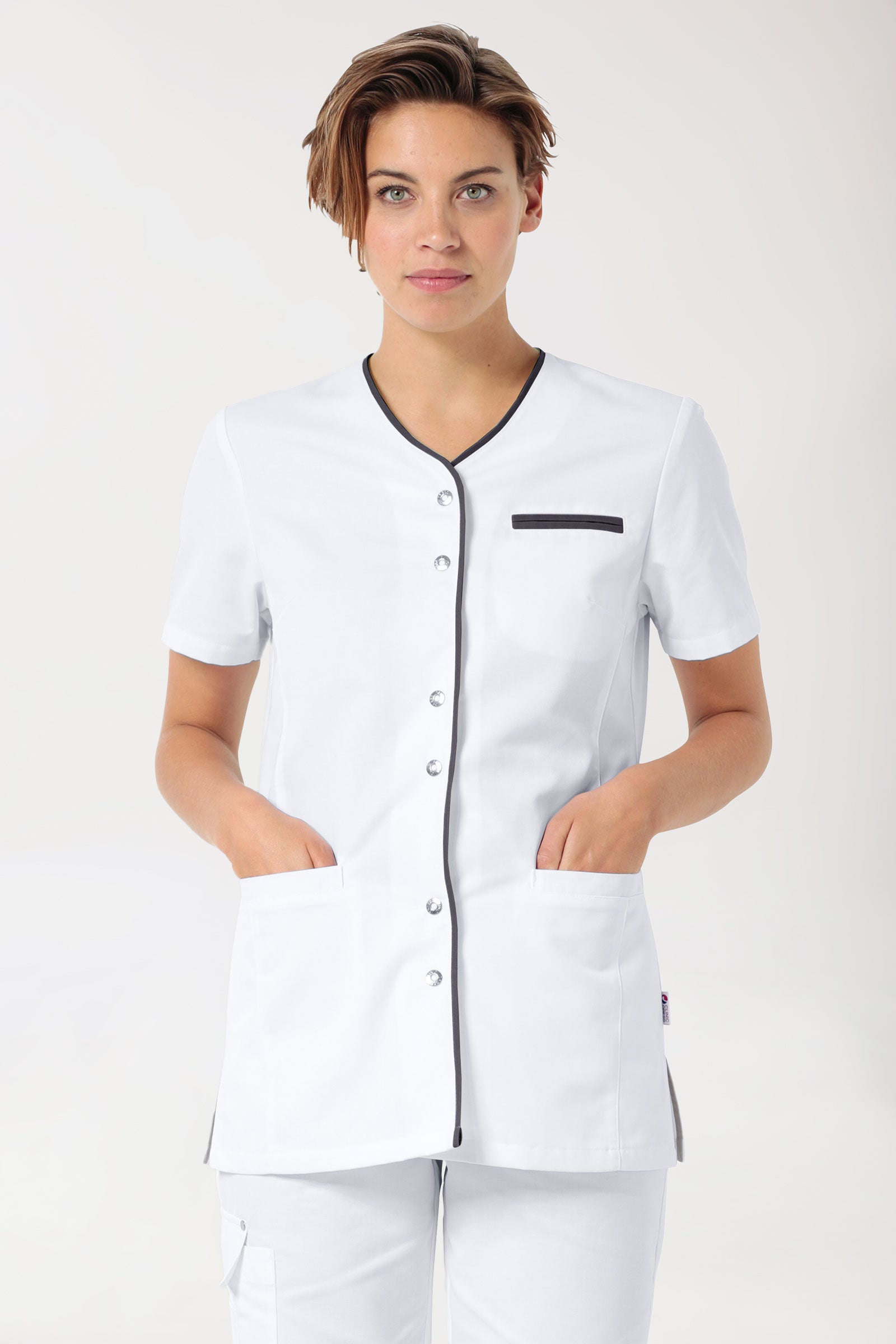 Beauty Kasack Damen - durchgeknöpft weiß/anthrazit