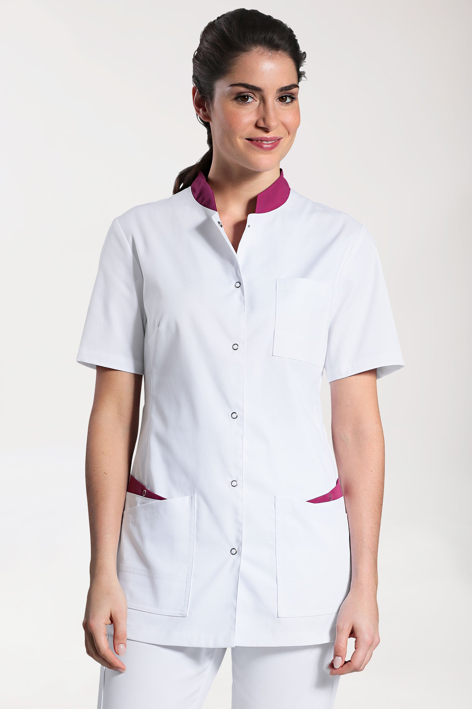 CLINIC STRETCH Kasack Damen - geknöpft weiß/berry