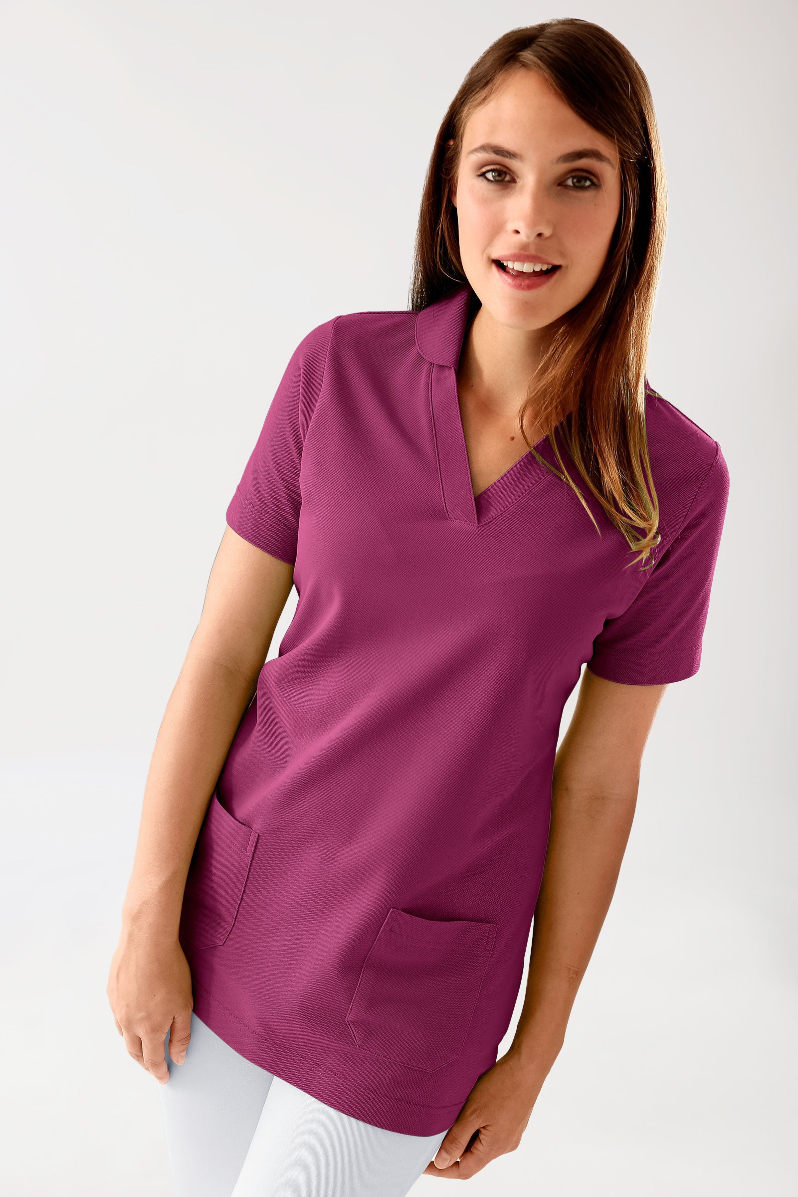 Piqué Longshirt Damen - mit Kragen berry