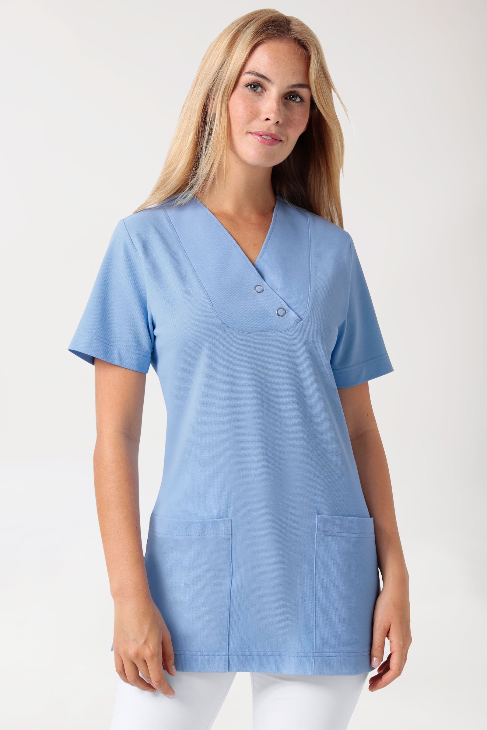 Piqué Longshirt Damen - V-Ausschnitt himmelblau, Vorderansicht 