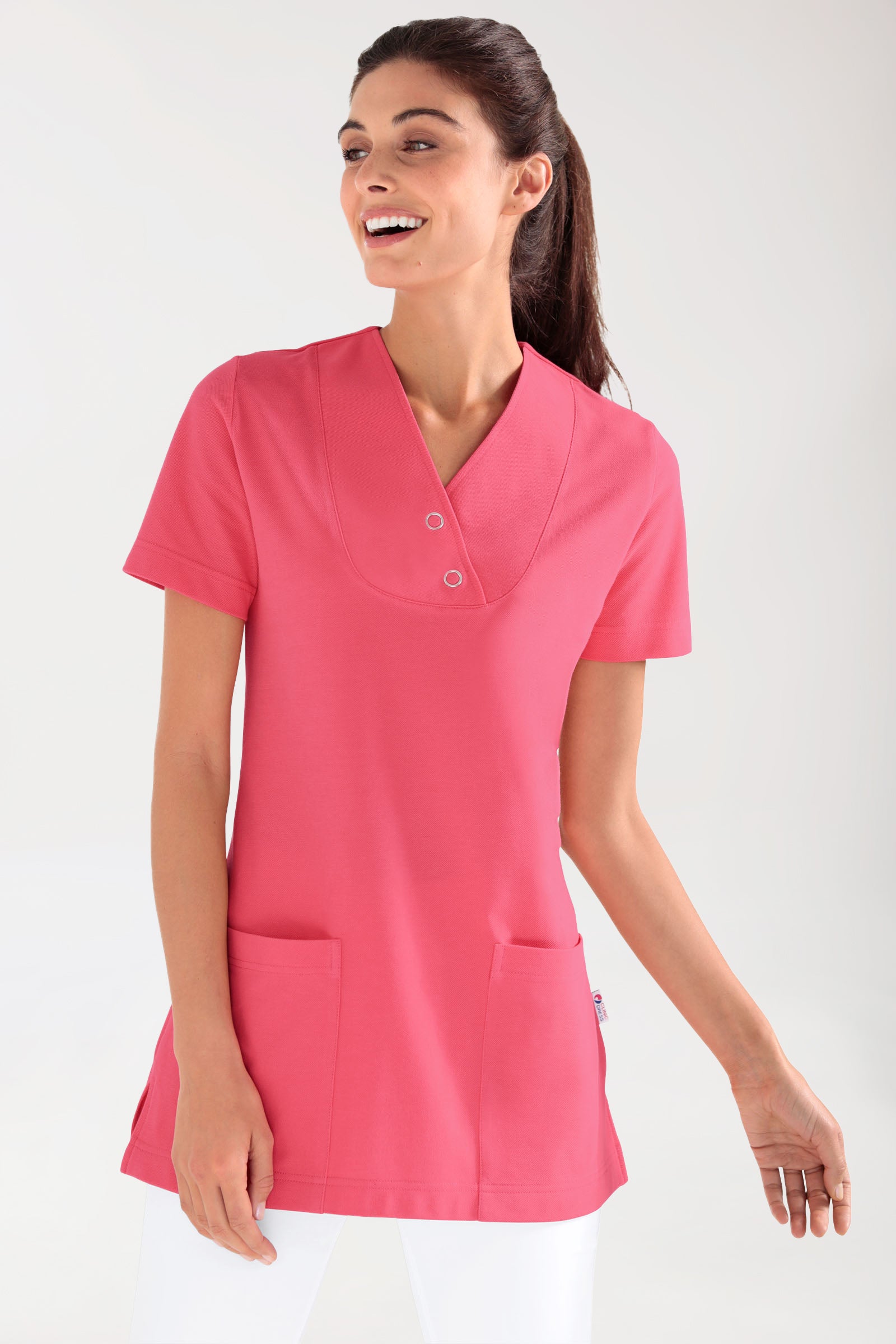 Piqué Longshirt Damen - V-Ausschnitt lipstick