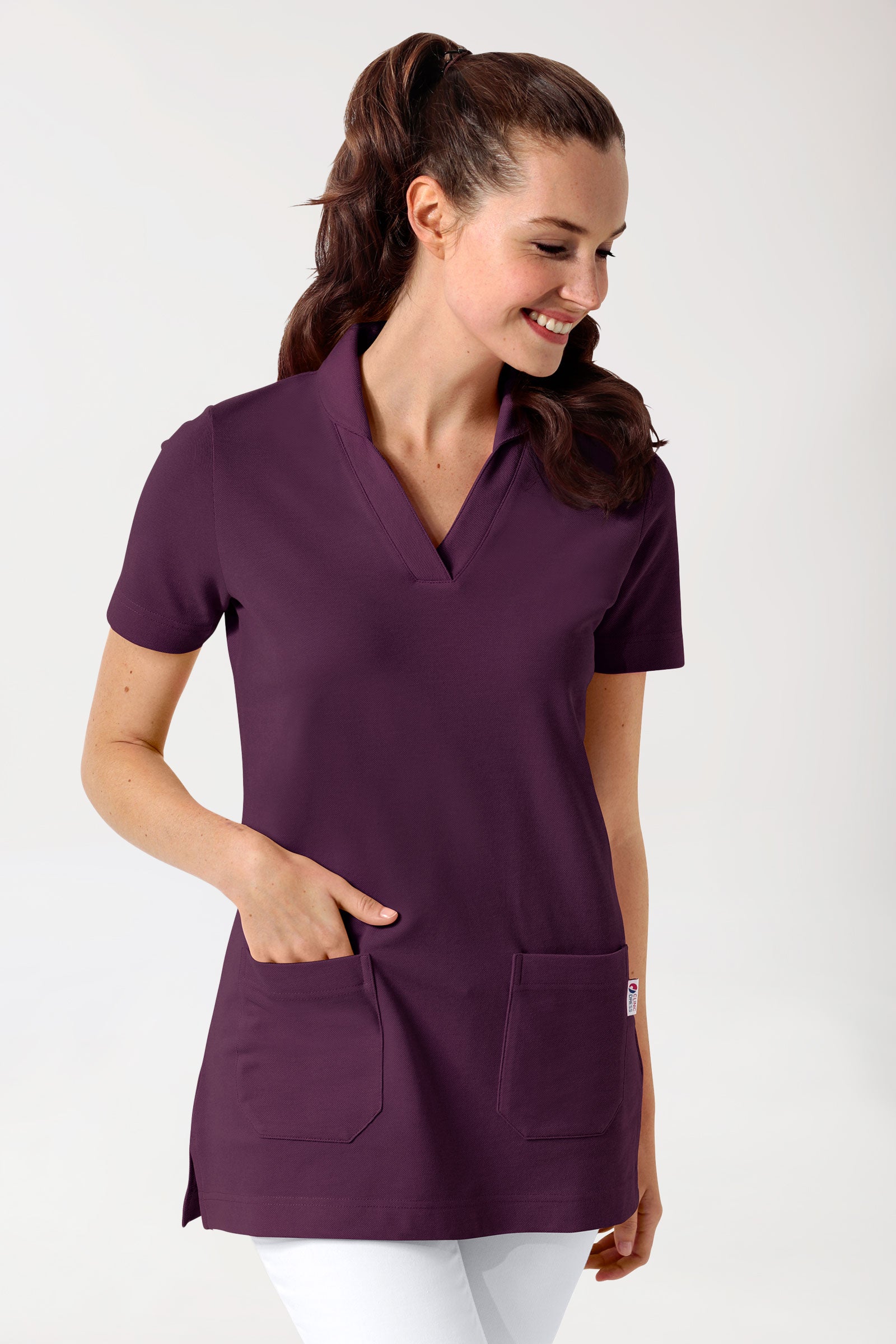 Piqué Longshirt Damen - mit Kragen pflaume