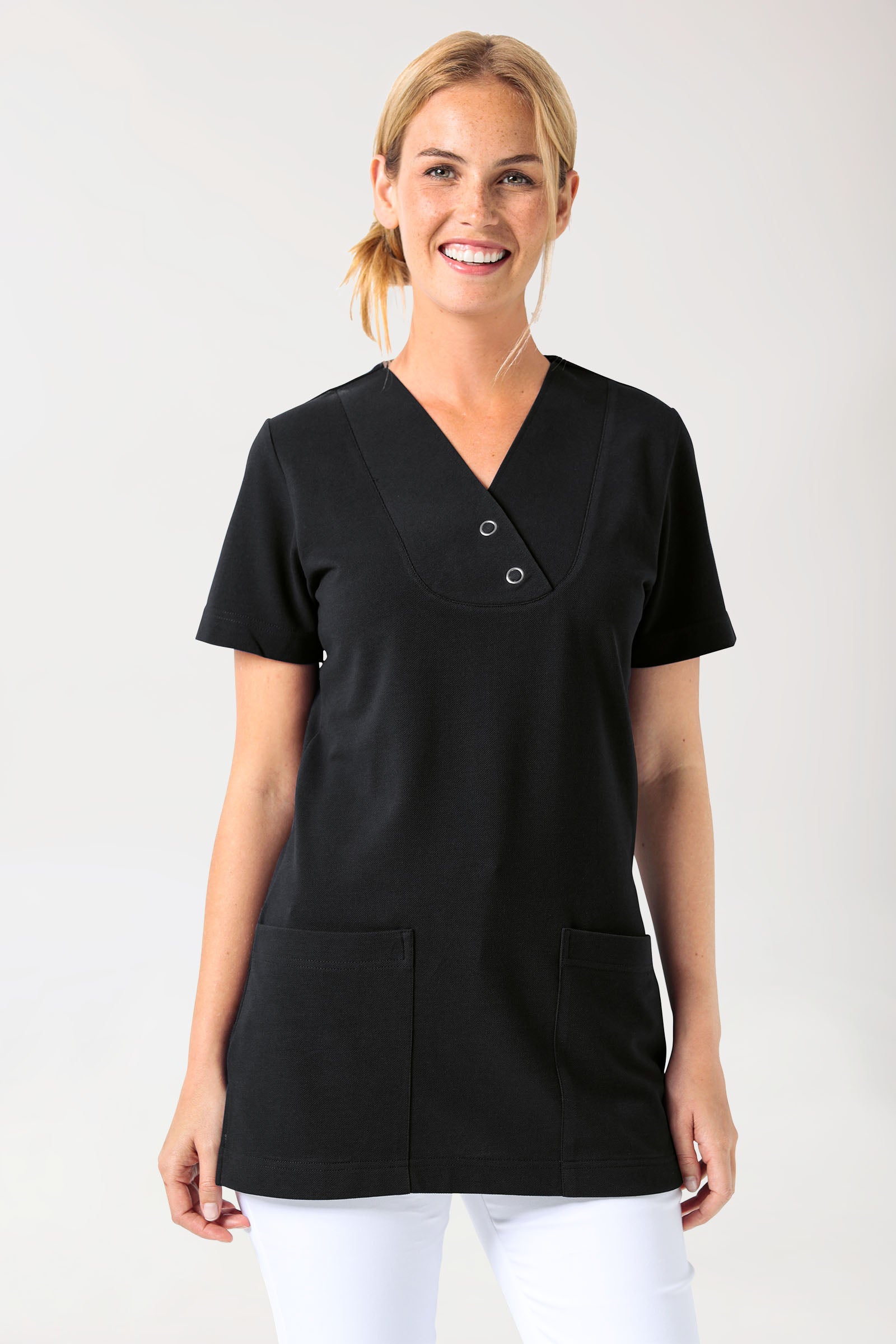 Piqué Longshirt Damen - V-Ausschnitt schwarz